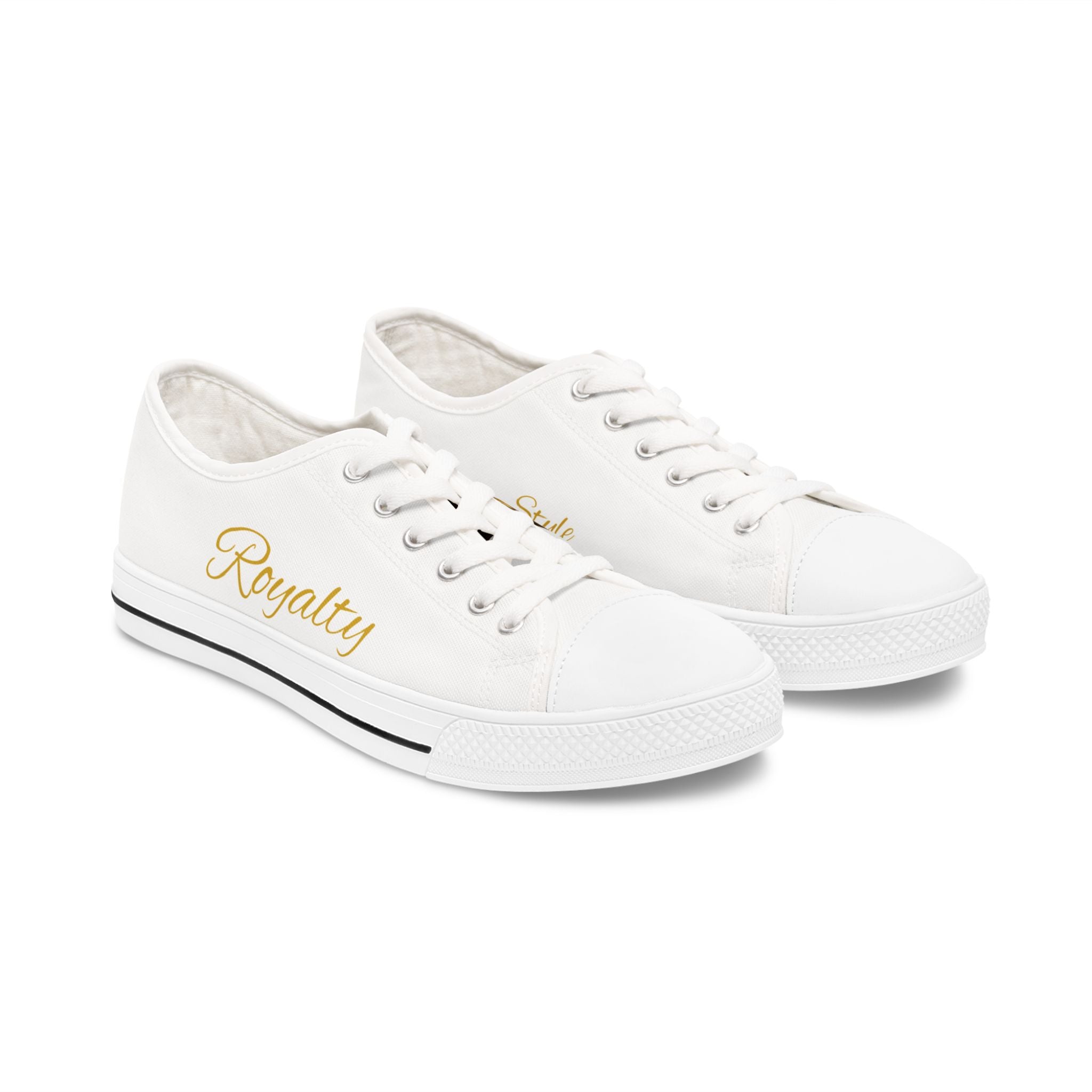 Women's Low Top Sneakers — White Canvas Casual Shoes with Gold "Royalty" & "Style" Script