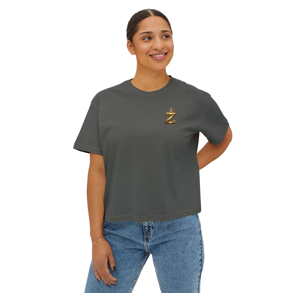 Crowned Z Women's Boxy Tee — Minimal Gold Initial Graphic