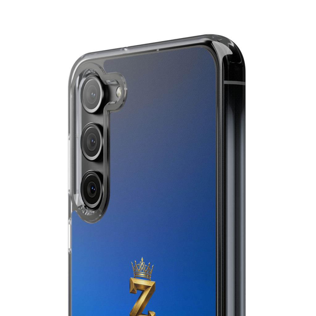 Clear Impact-Resistant Phone Case — Blue Gradient with Gold “Royal Zak” Crown Logo