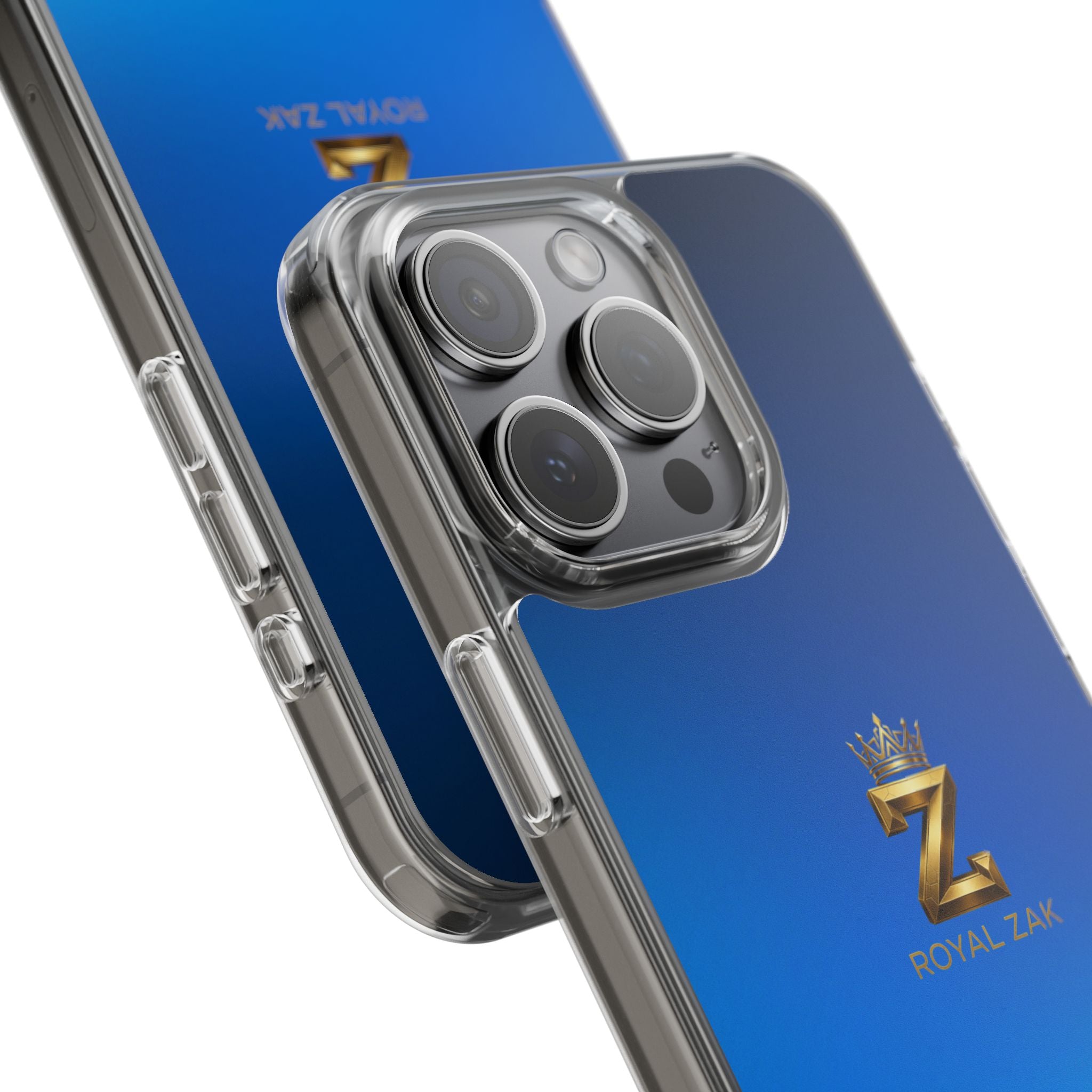 Clear Impact-Resistant Phone Case — Blue Gradient with Gold “Royal Zak” Crown Logo