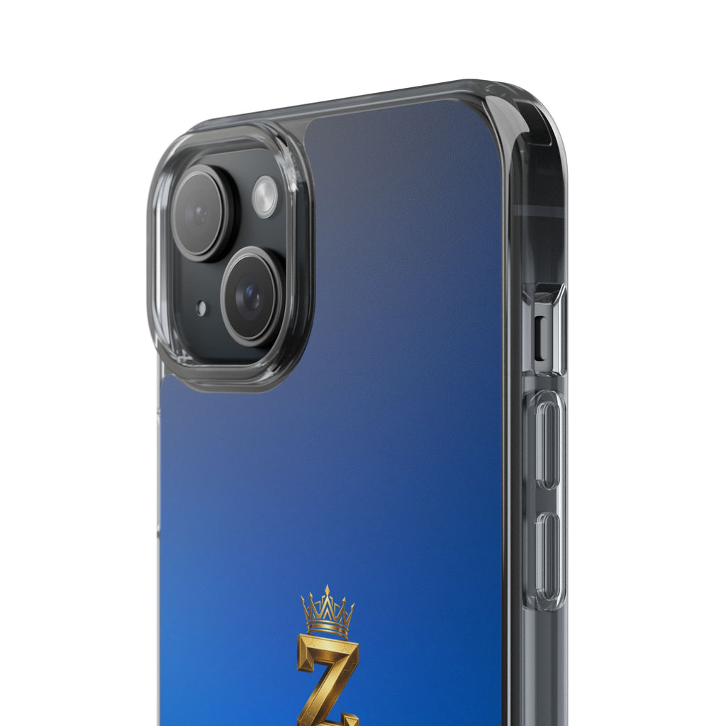 Clear Impact-Resistant Phone Case — Blue Gradient with Gold “Royal Zak” Crown Logo