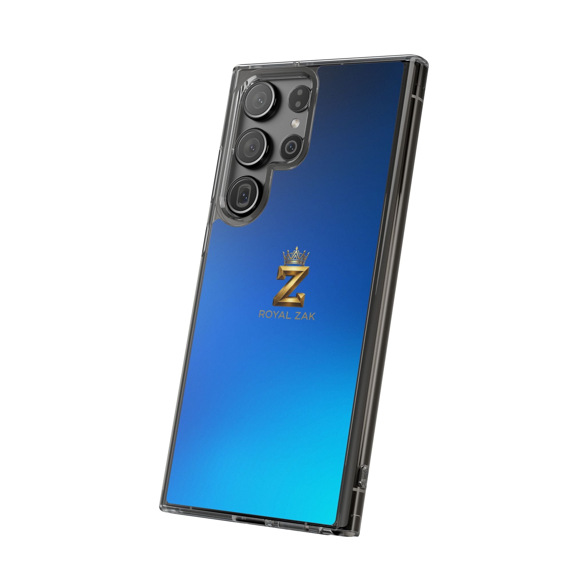 Clear Impact-Resistant Phone Case — Blue Gradient with Gold “Royal Zak” Crown Logo