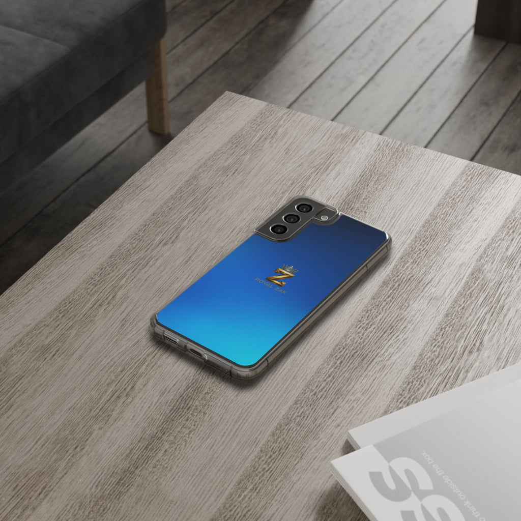 Clear Impact-Resistant Phone Case — Blue Gradient with Gold “Royal Zak” Crown Logo