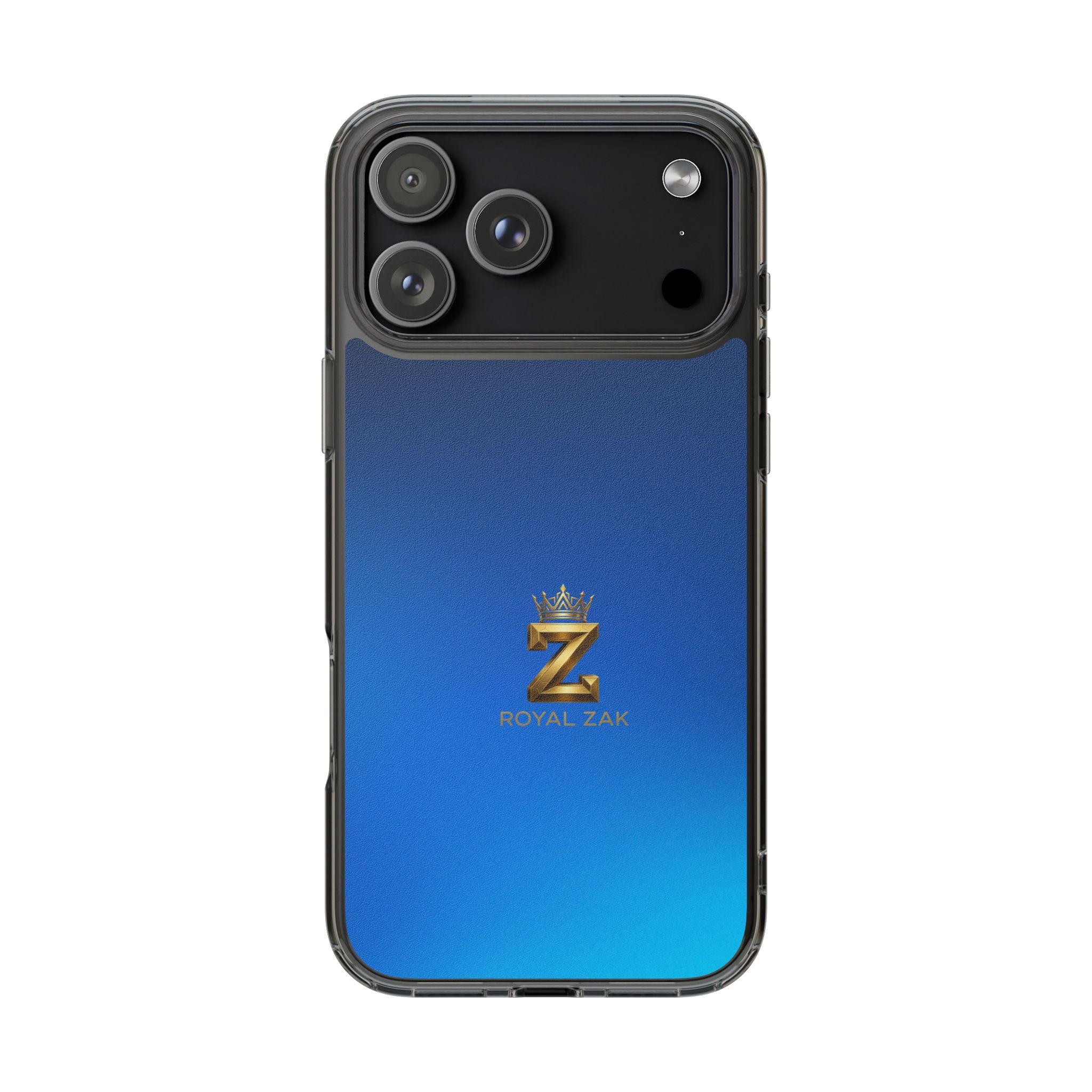 Clear Impact-Resistant Phone Case — Blue Gradient with Gold “Royal Zak” Crown Logo