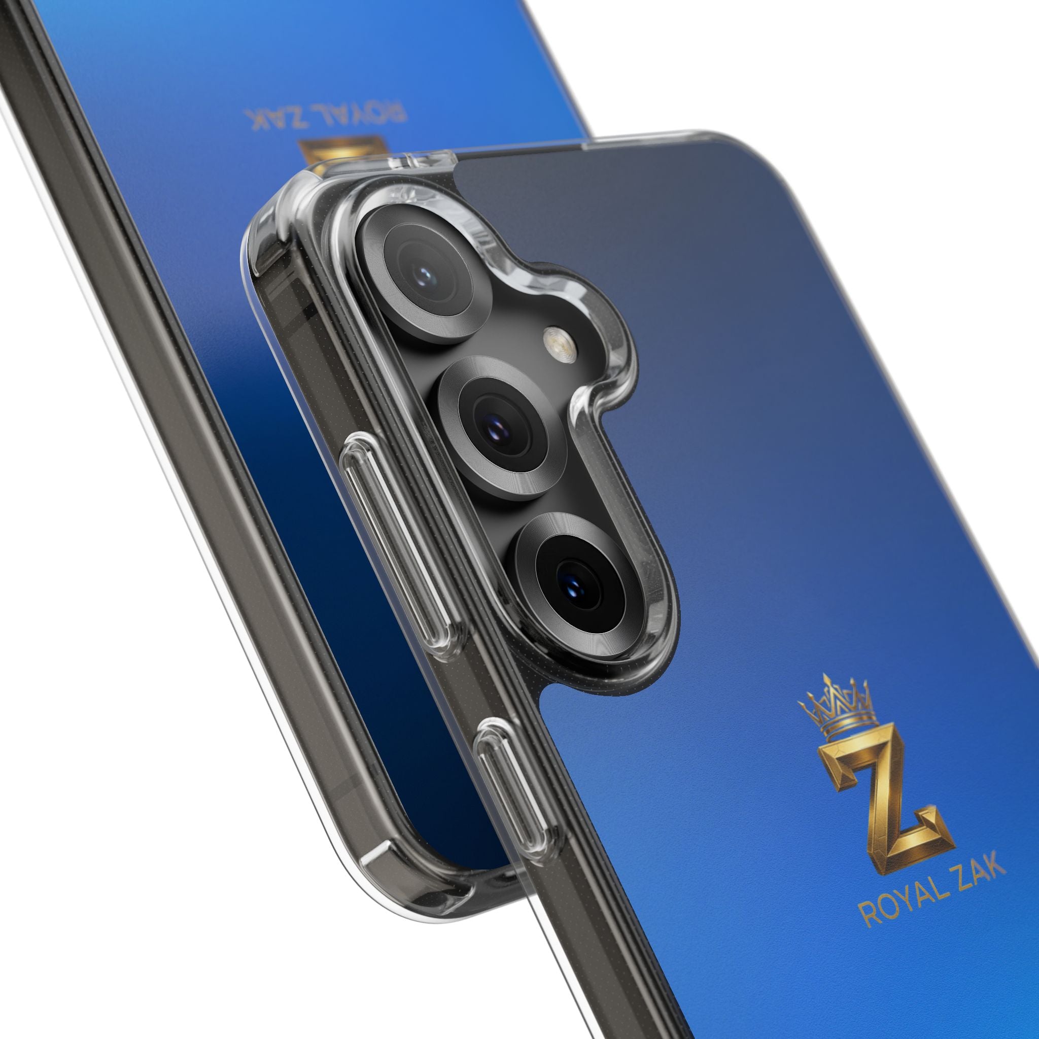 Clear Impact-Resistant Phone Case — Blue Gradient with Gold “Royal Zak” Crown Logo