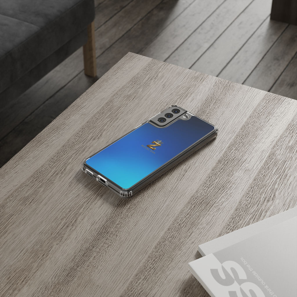 Clear Impact-Resistant Phone Case — Blue Gradient with Gold “Royal Zak” Crown Logo
