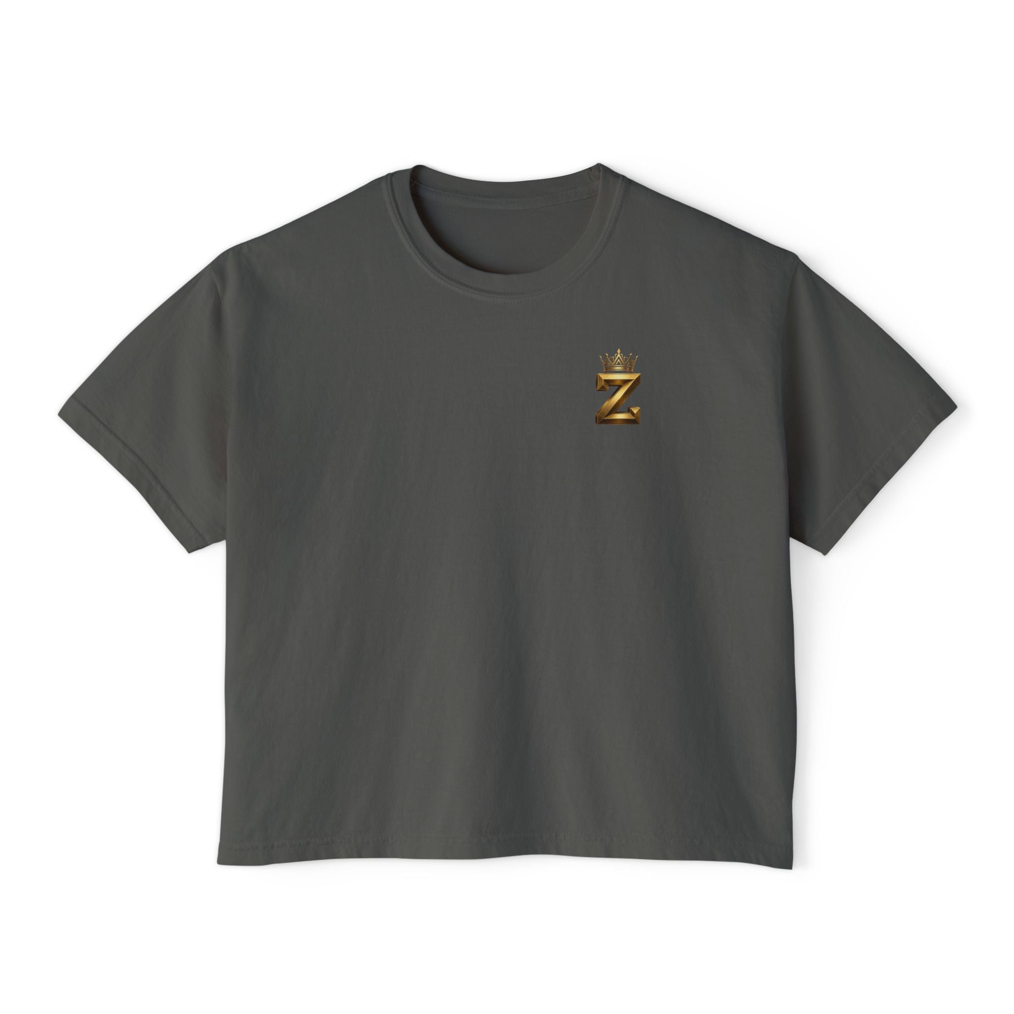 Crowned Z Women's Boxy Tee — Minimal Gold Initial Graphic