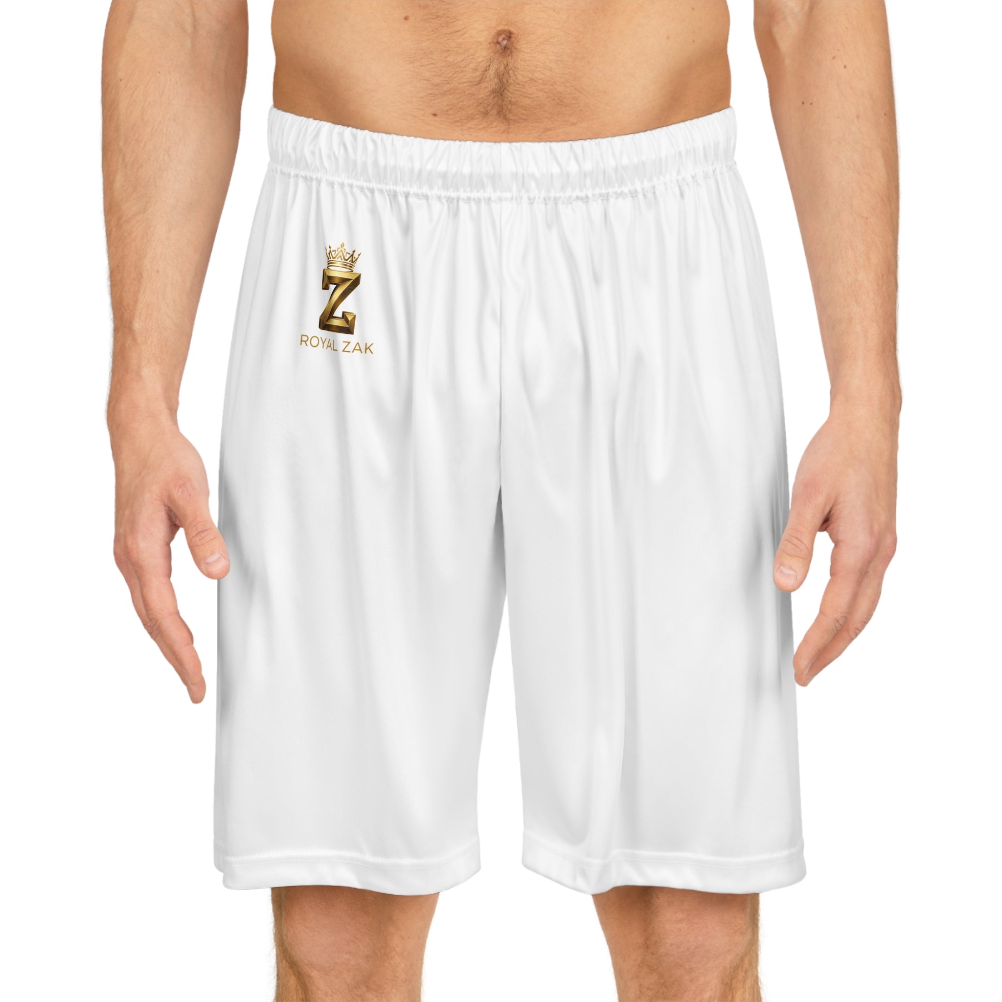 White Basketball Shorts with Gold 'Z' Logo — Athletic AOP Performance Shorts