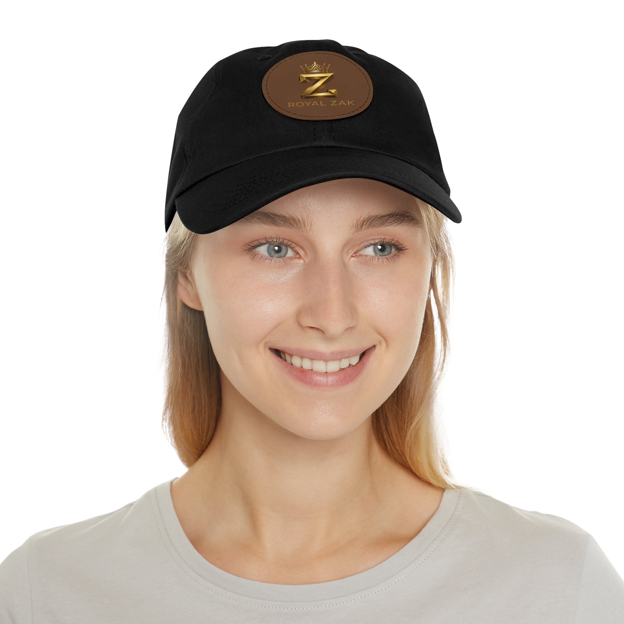Round Leather Patch Dad Hat — Gold 'Royal Zak' Crown Emblem