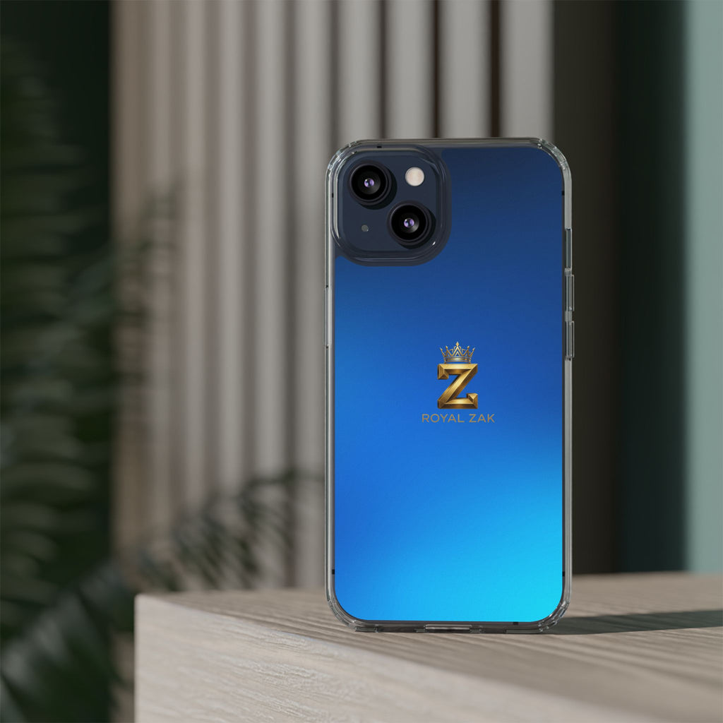 Clear Impact-Resistant Phone Case — Blue Gradient with Gold “Royal Zak” Crown Logo
