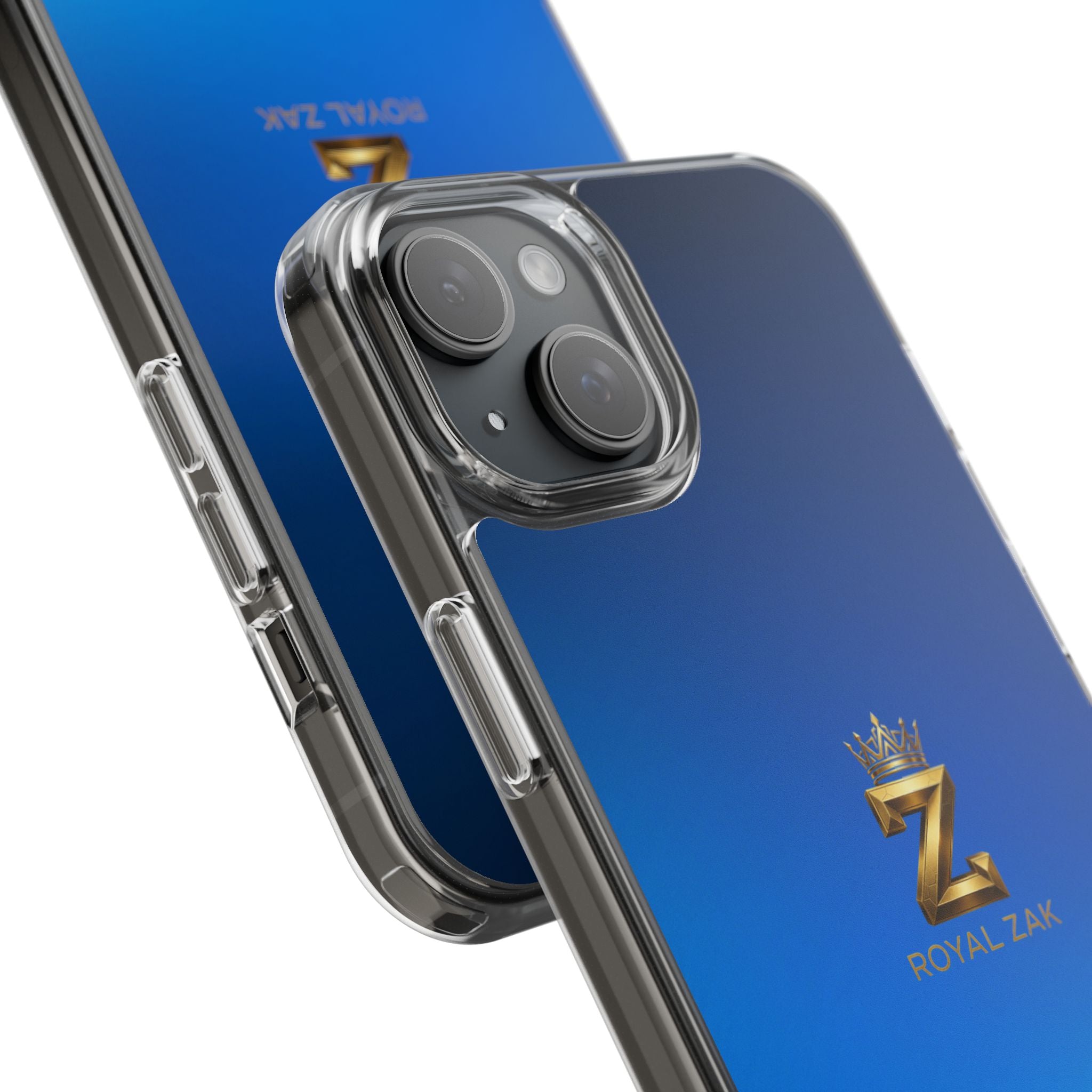 Clear Impact-Resistant Phone Case — Blue Gradient with Gold “Royal Zak” Crown Logo