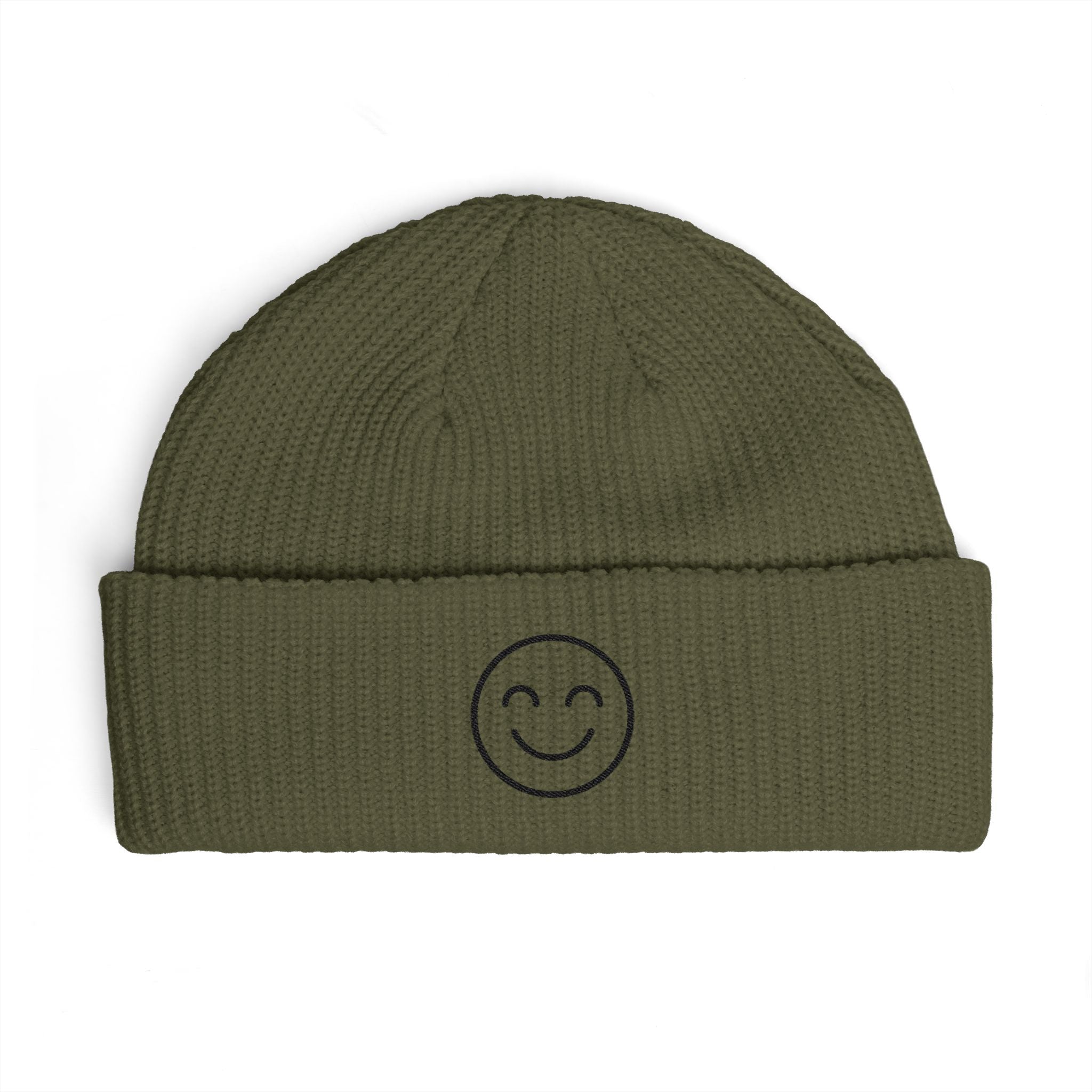 Smiley Face Cuff Beanie — Cozy Knit Winter Hat with Embroidered Smile