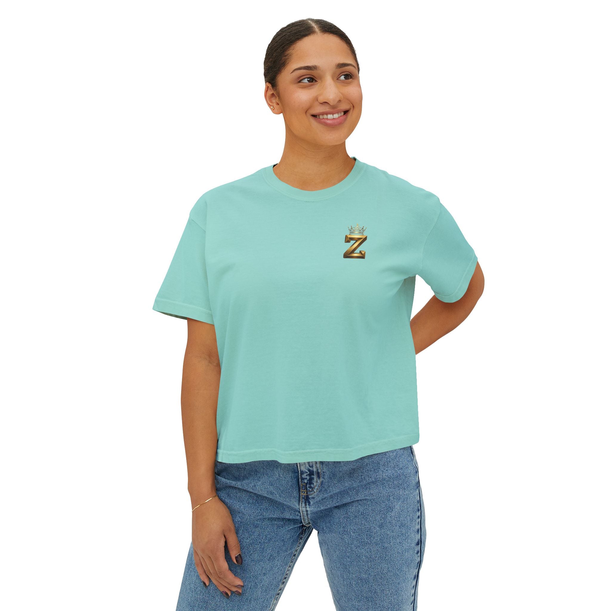 Crowned Z Women's Boxy Tee — Minimal Gold Initial Graphic