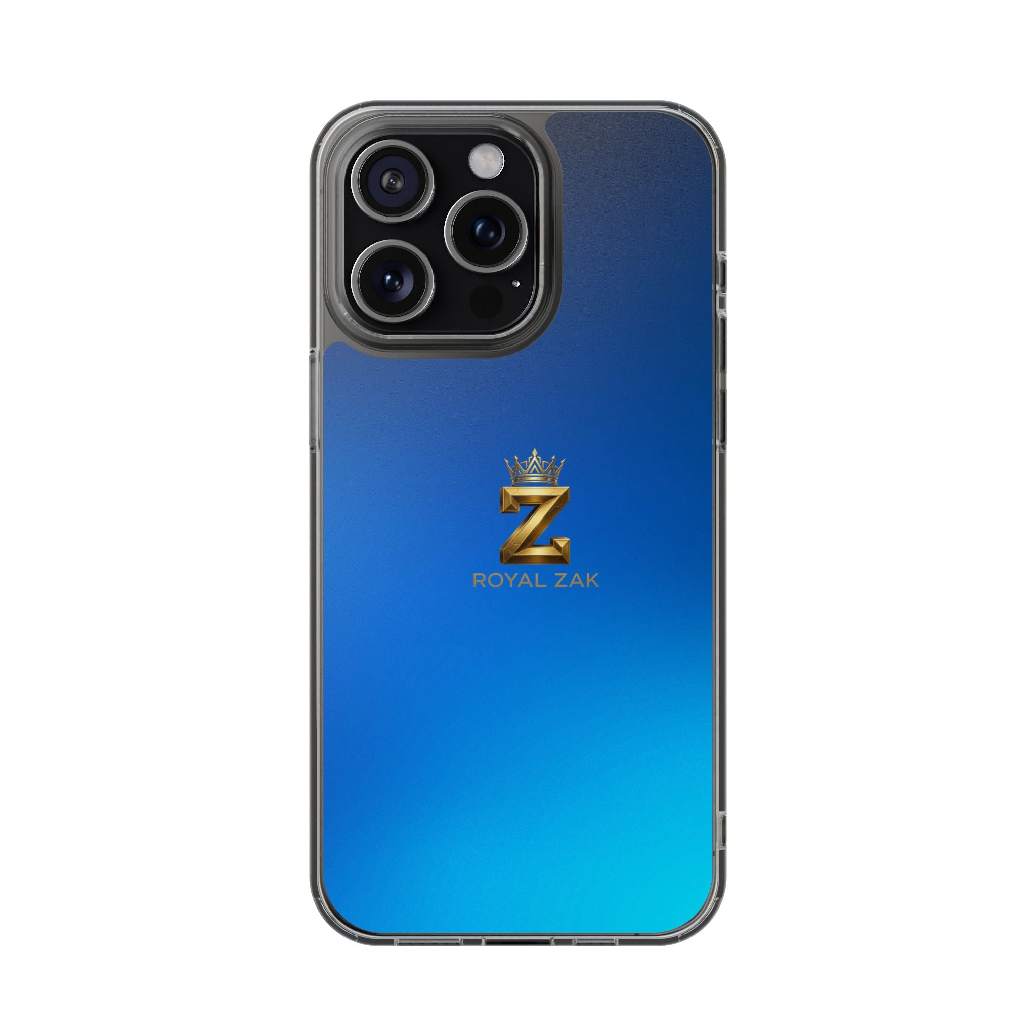Clear Impact-Resistant Phone Case — Blue Gradient with Gold “Royal Zak” Crown Logo