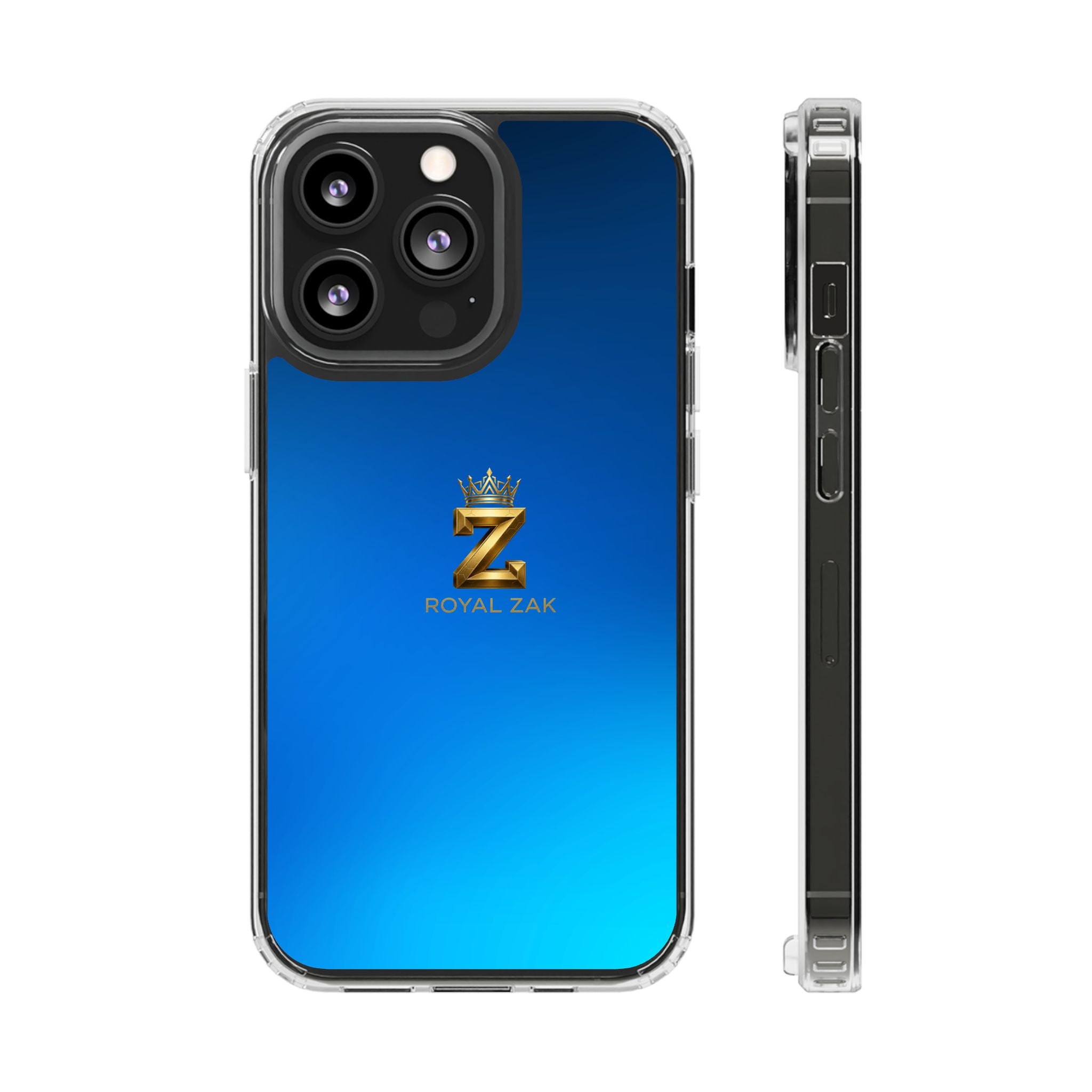 Clear Impact-Resistant Phone Case — Blue Gradient with Gold “Royal Zak” Crown Logo