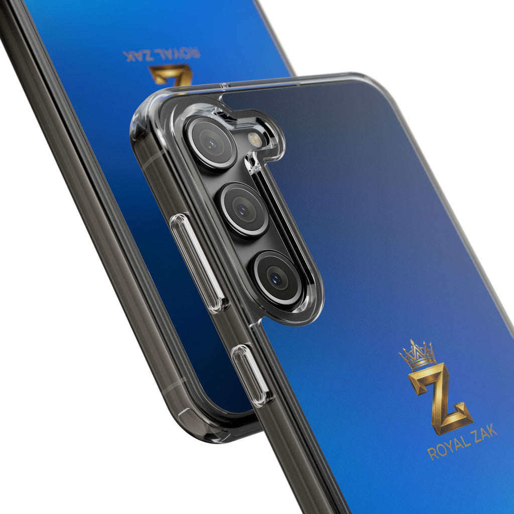 Clear Impact-Resistant Phone Case — Blue Gradient with Gold “Royal Zak” Crown Logo