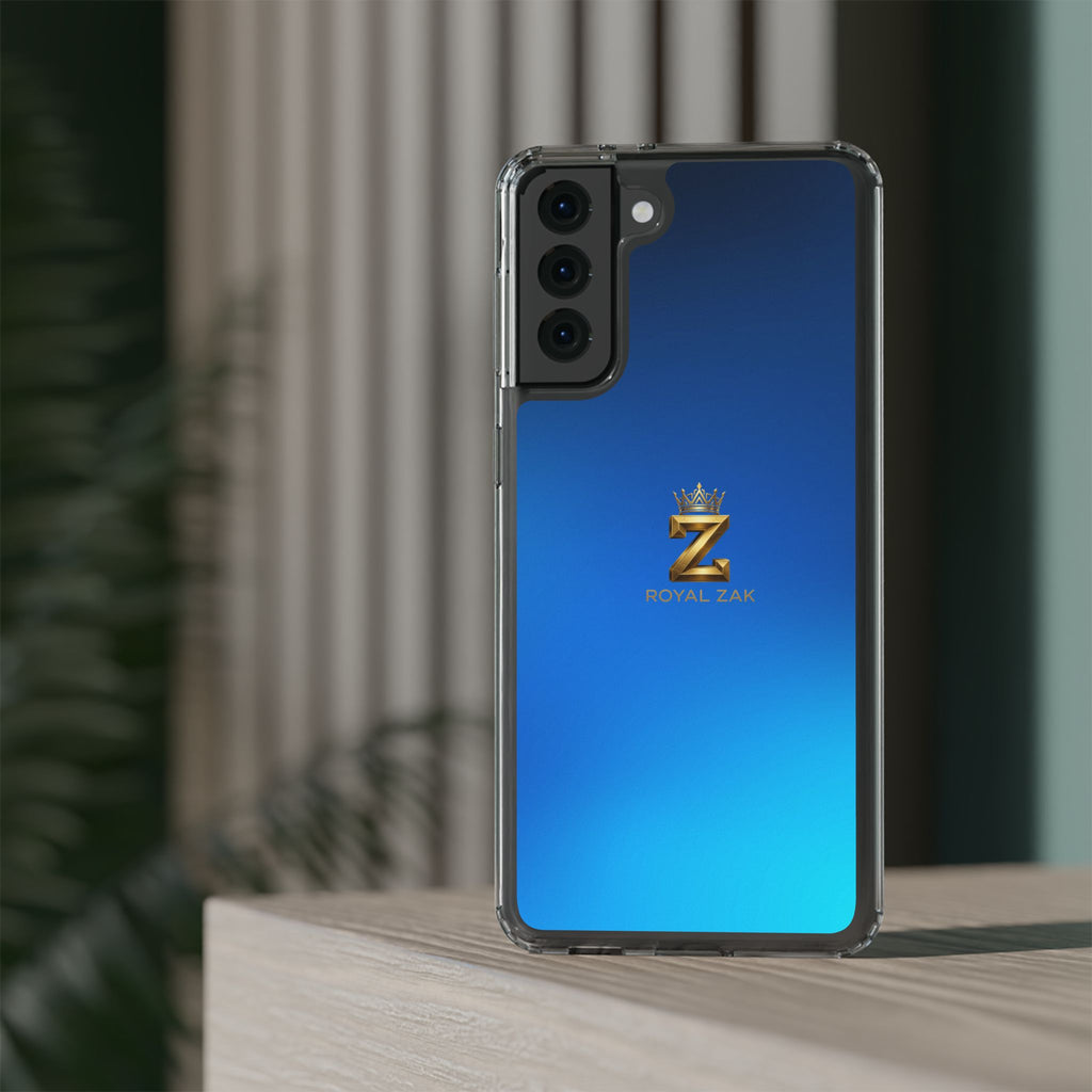 Clear Impact-Resistant Phone Case — Blue Gradient with Gold “Royal Zak” Crown Logo