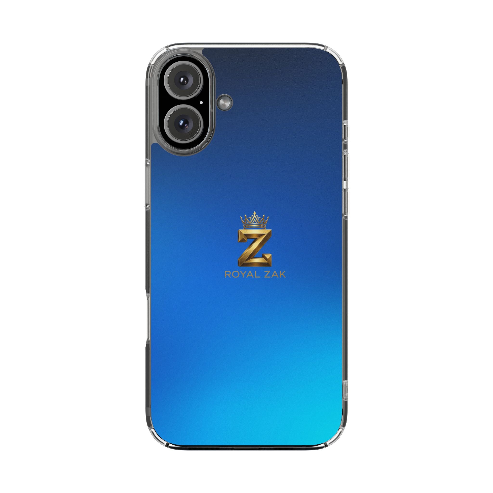 Clear Impact-Resistant Phone Case — Blue Gradient with Gold “Royal Zak” Crown Logo