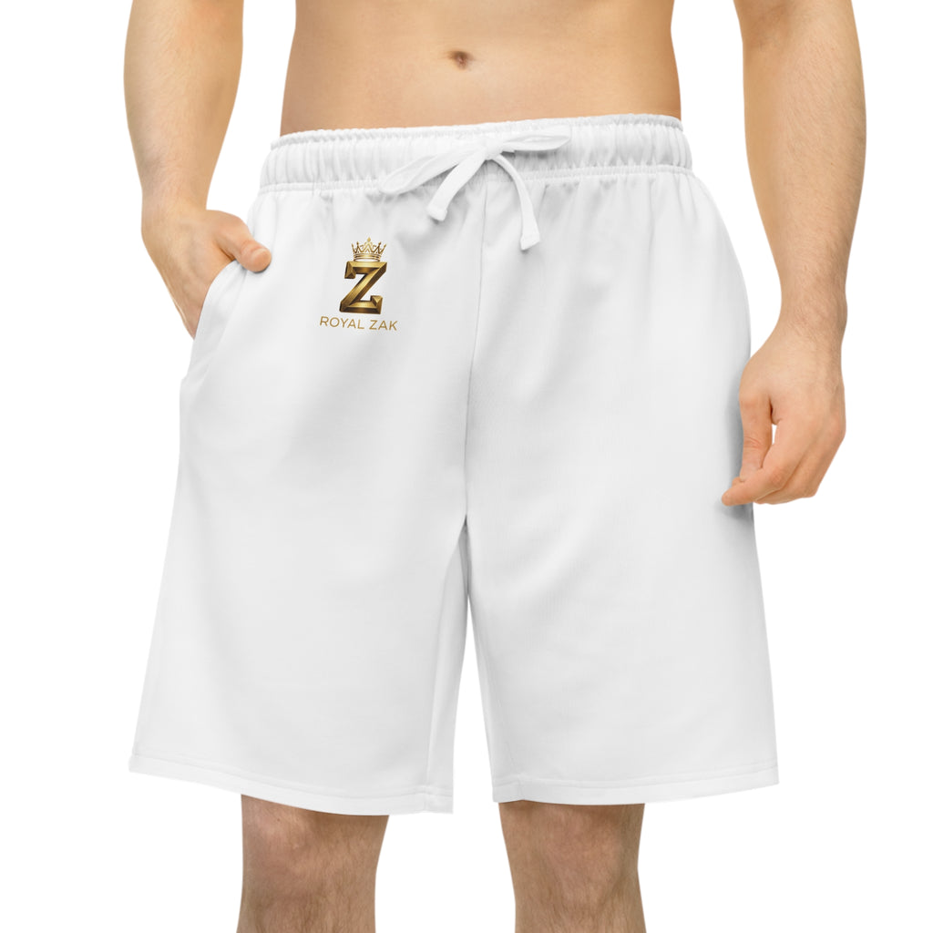 Royal Z Athletic Long Shorts — White Performance Gym Shorts with Gold Logo