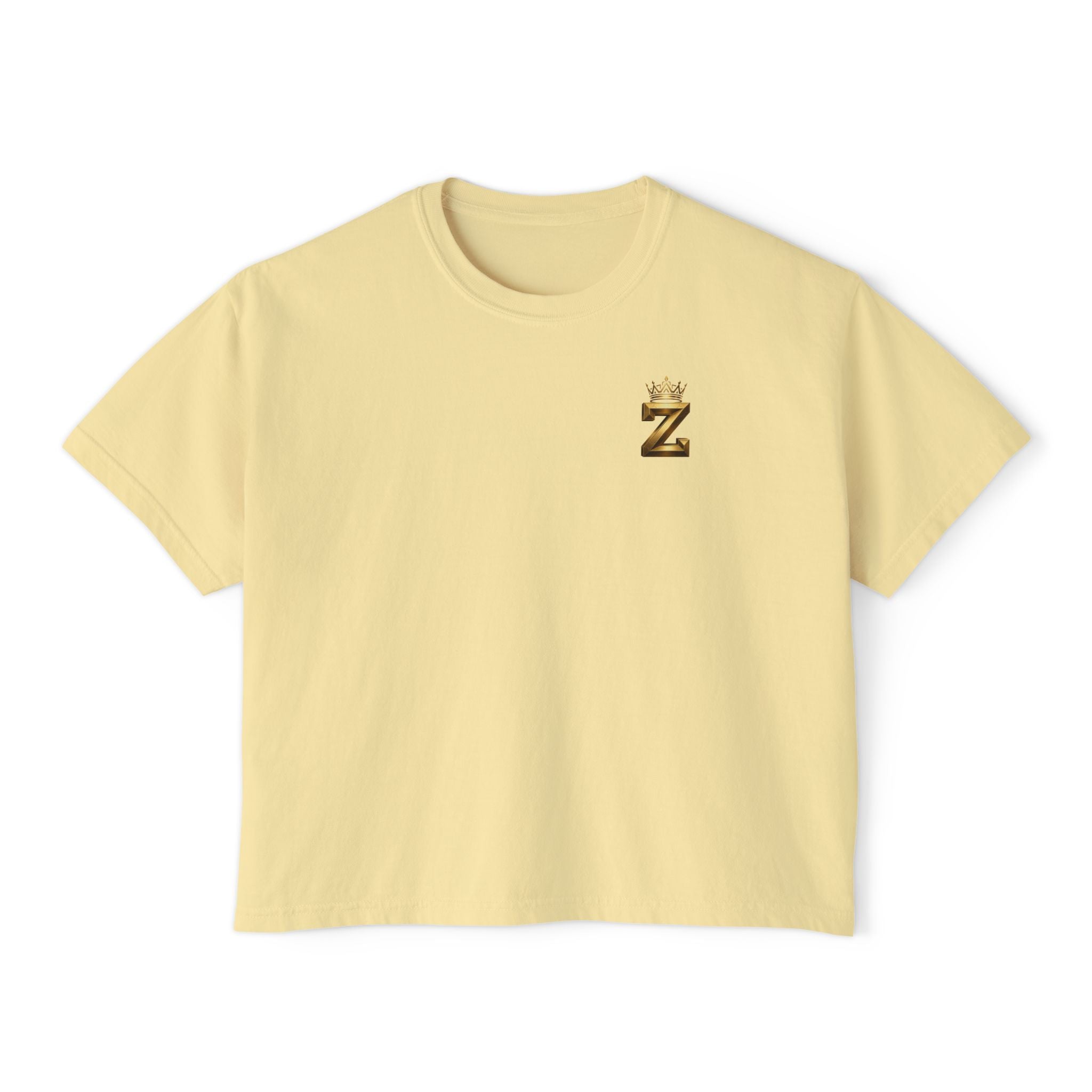 Crowned Z Women's Boxy Tee — Minimal Gold Initial Graphic