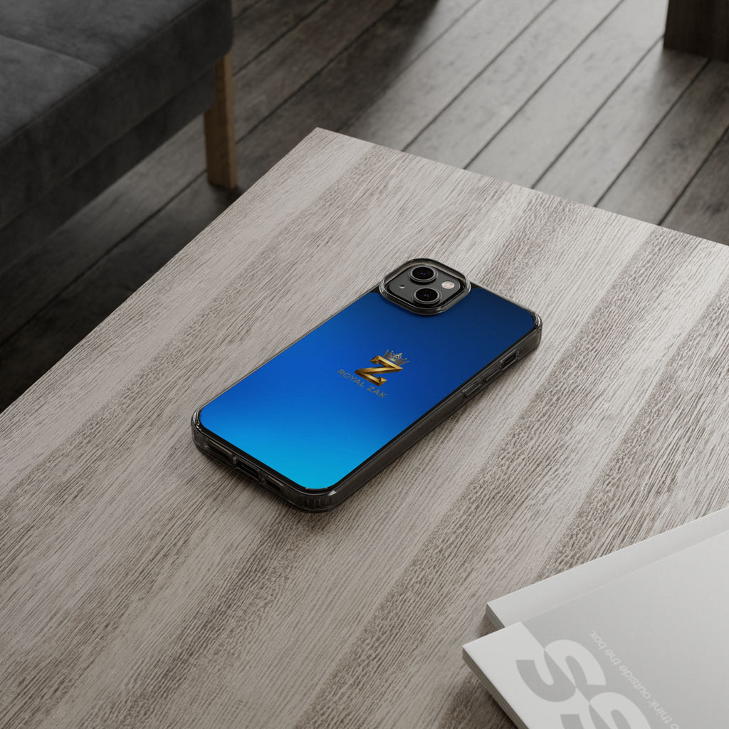 Clear Impact-Resistant Phone Case — Blue Gradient with Gold “Royal Zak” Crown Logo