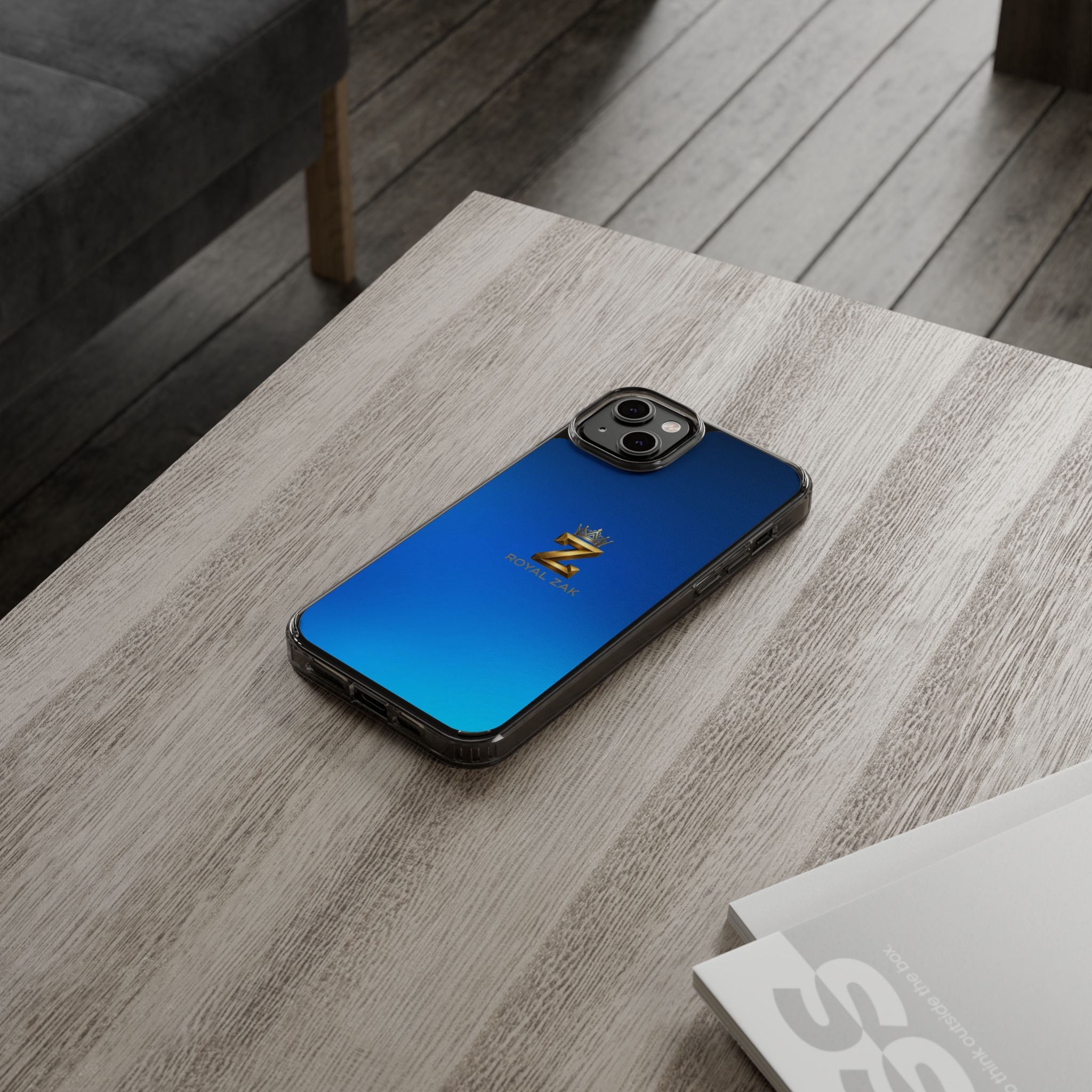 Clear Impact-Resistant Phone Case — Blue Gradient with Gold “Royal Zak” Crown Logo
