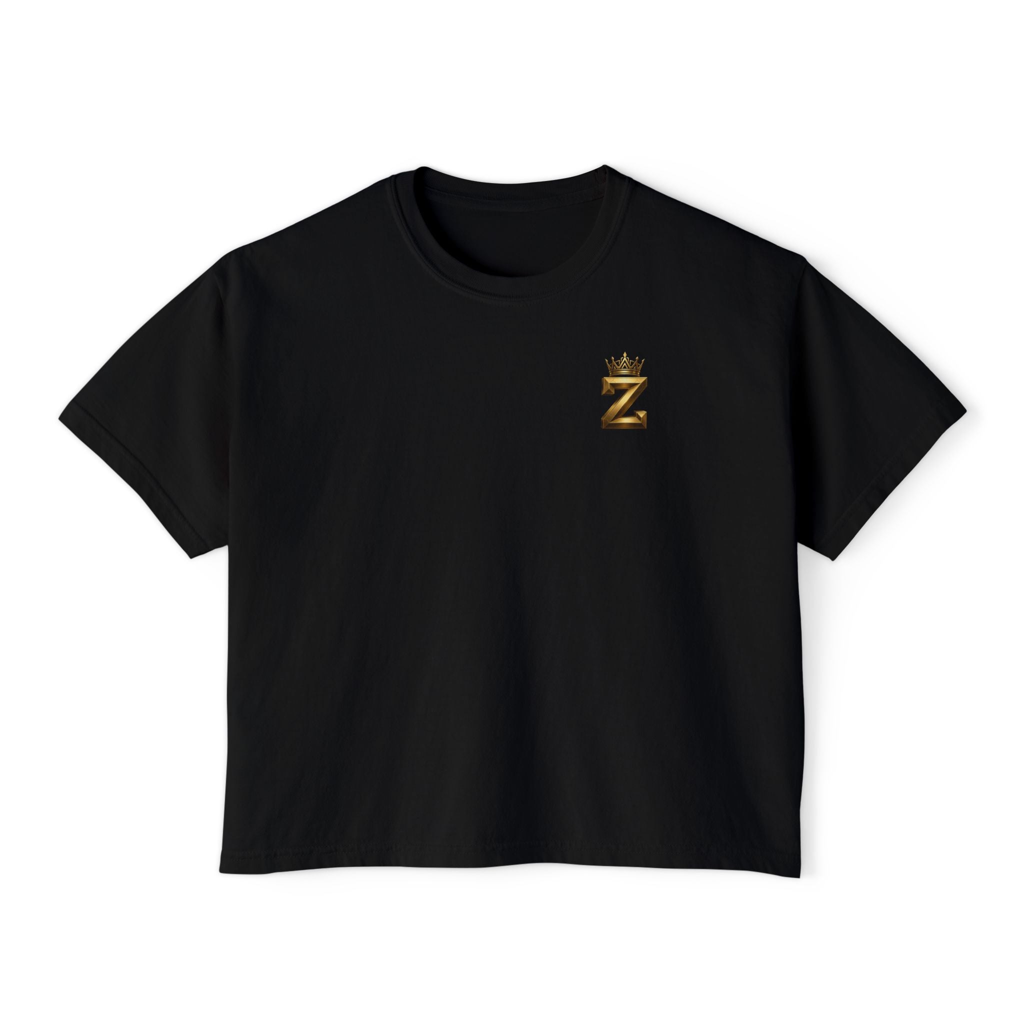 Crowned Z Women's Boxy Tee — Minimal Gold Initial Graphic