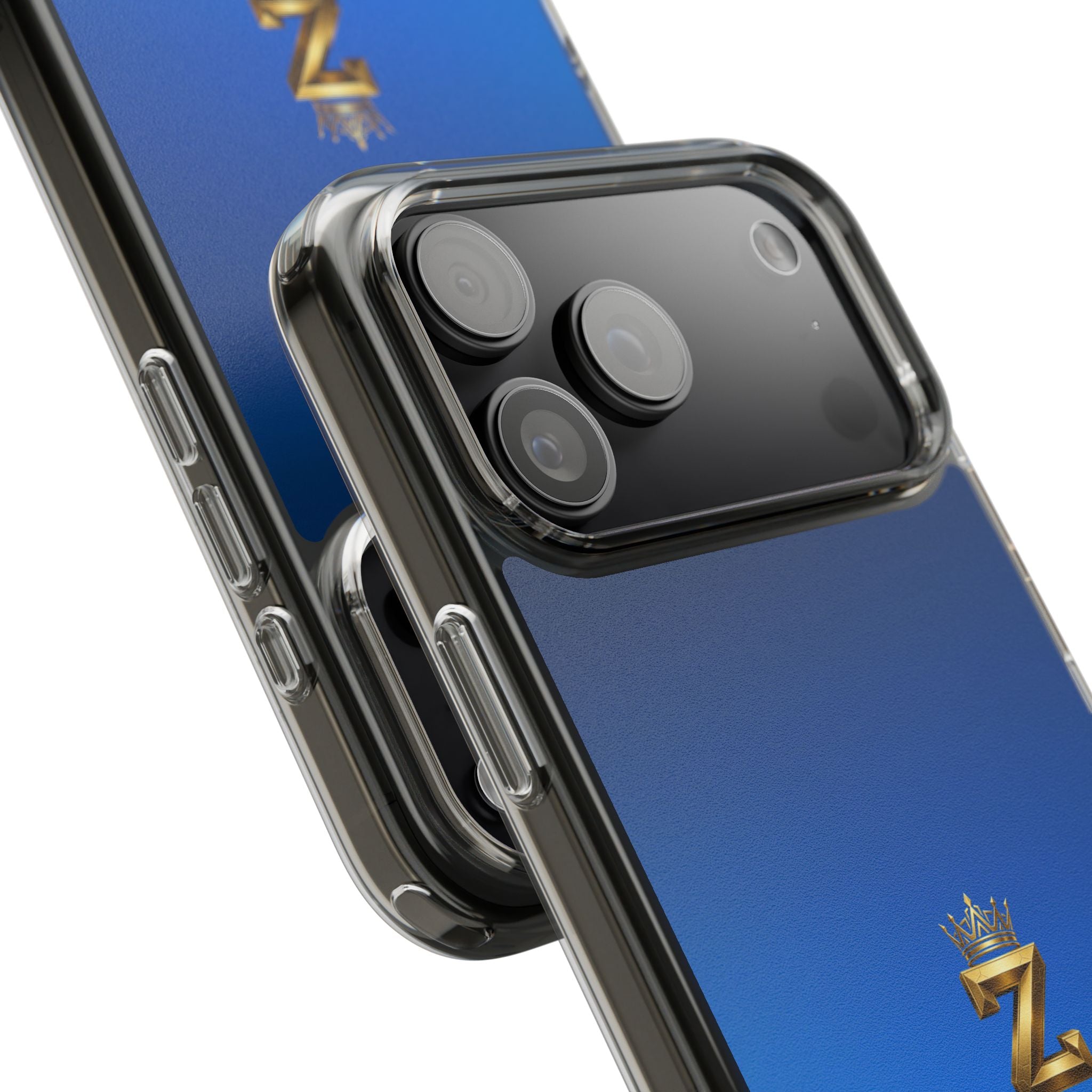 Clear Impact-Resistant Phone Case — Blue Gradient with Gold “Royal Zak” Crown Logo