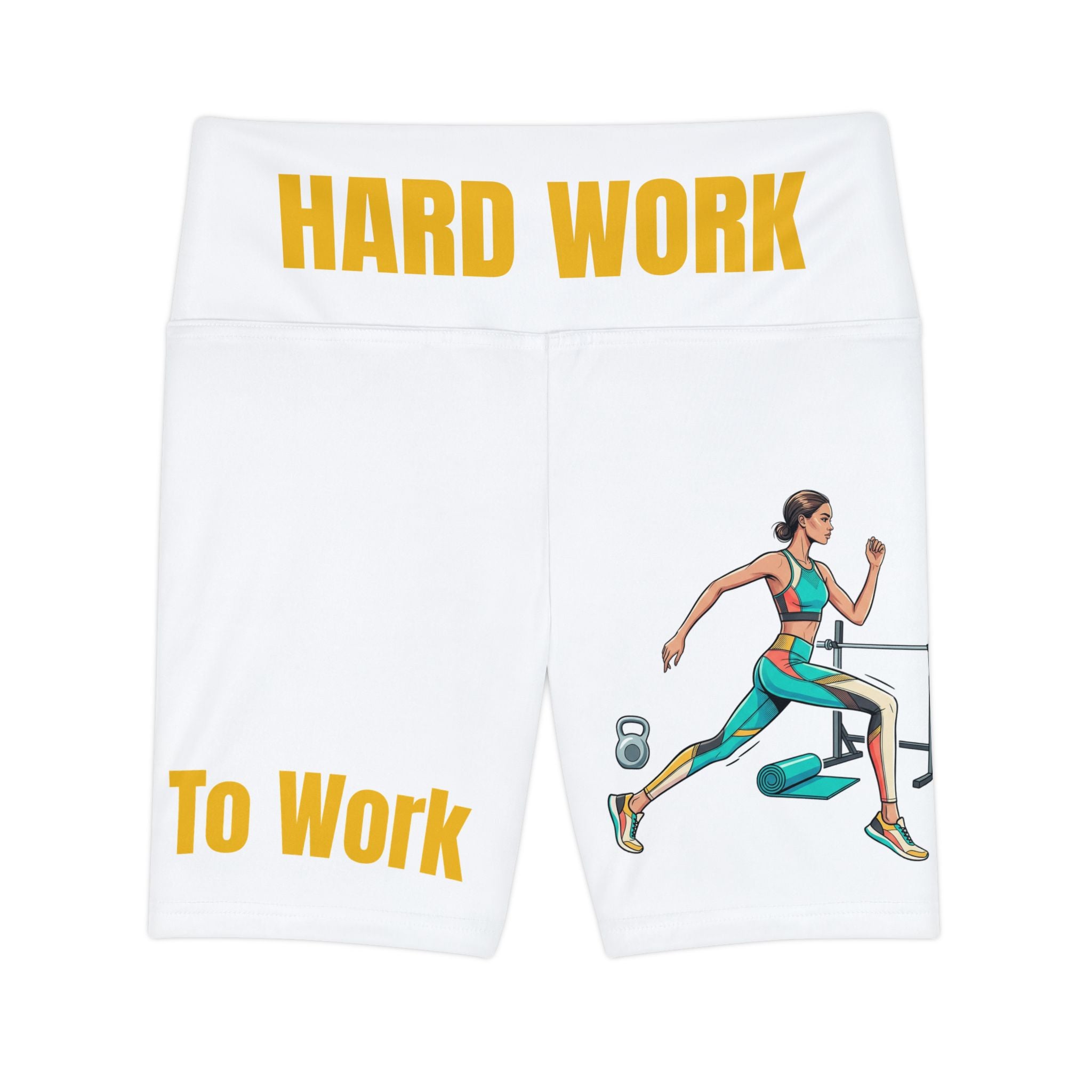 Workout Shorts — "Hard Work To Work Time" Motivational Fitness Bike Design