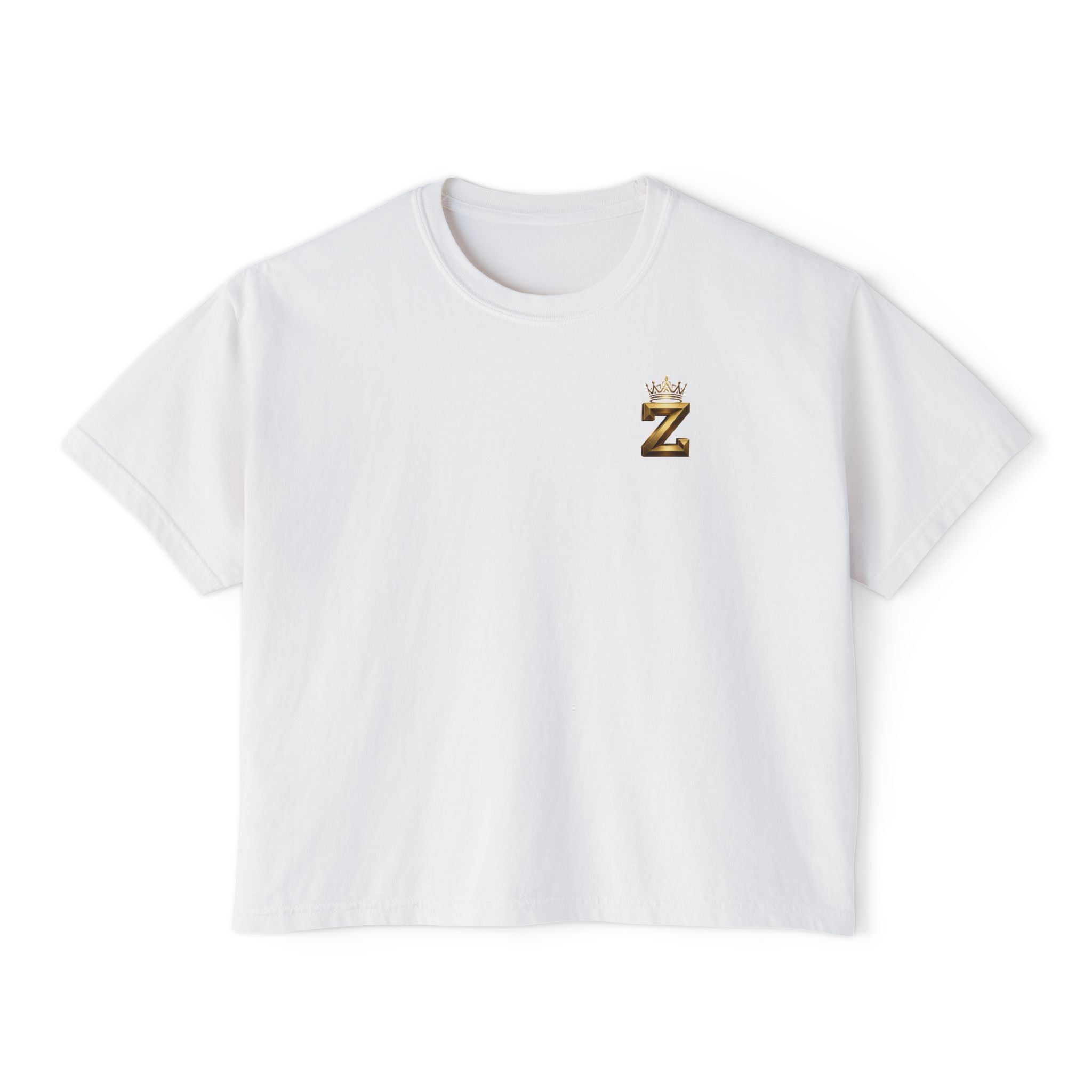 Crowned Z Women's Boxy Tee — Minimal Gold Initial Graphic