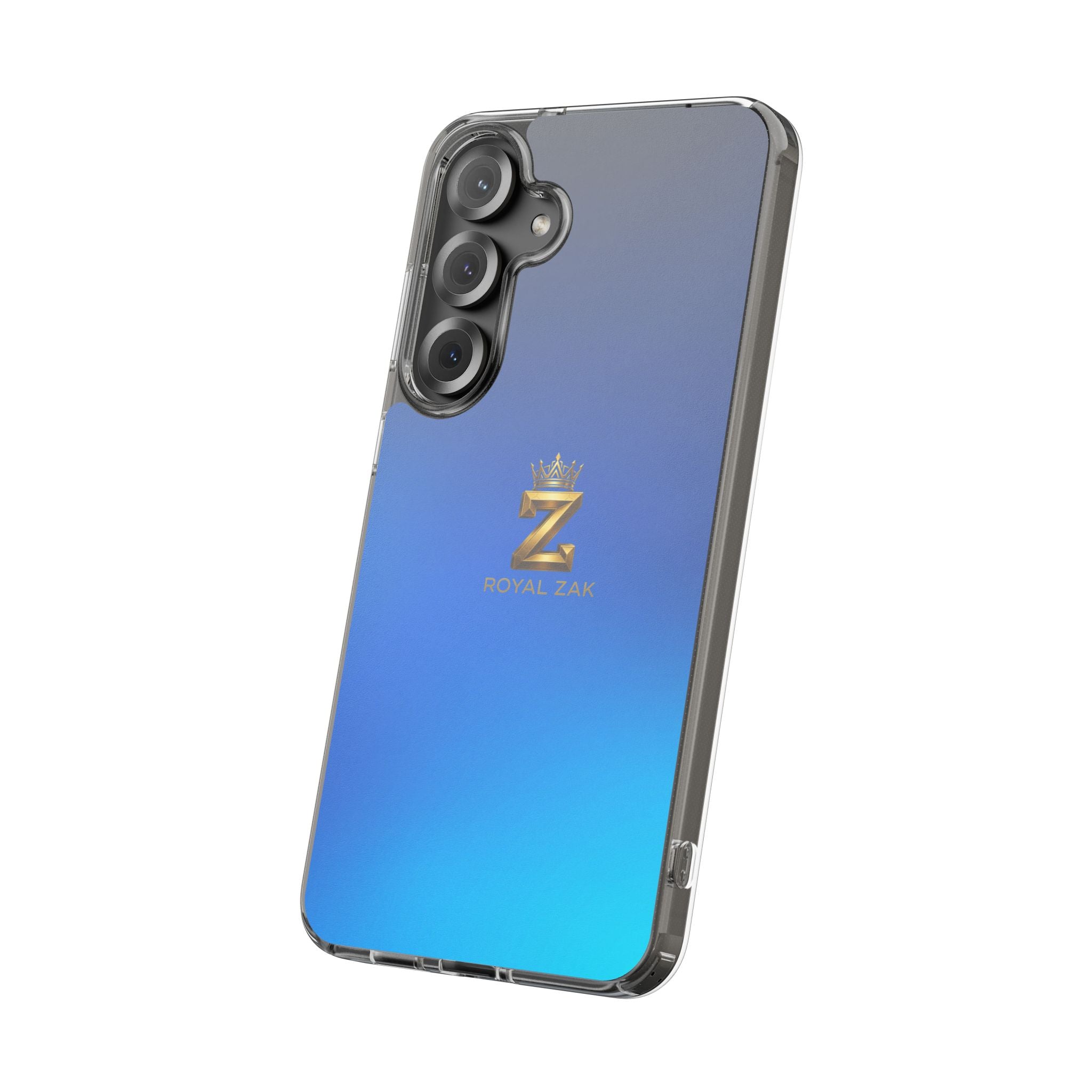 Clear Impact-Resistant Phone Case — Blue Gradient with Gold “Royal Zak” Crown Logo