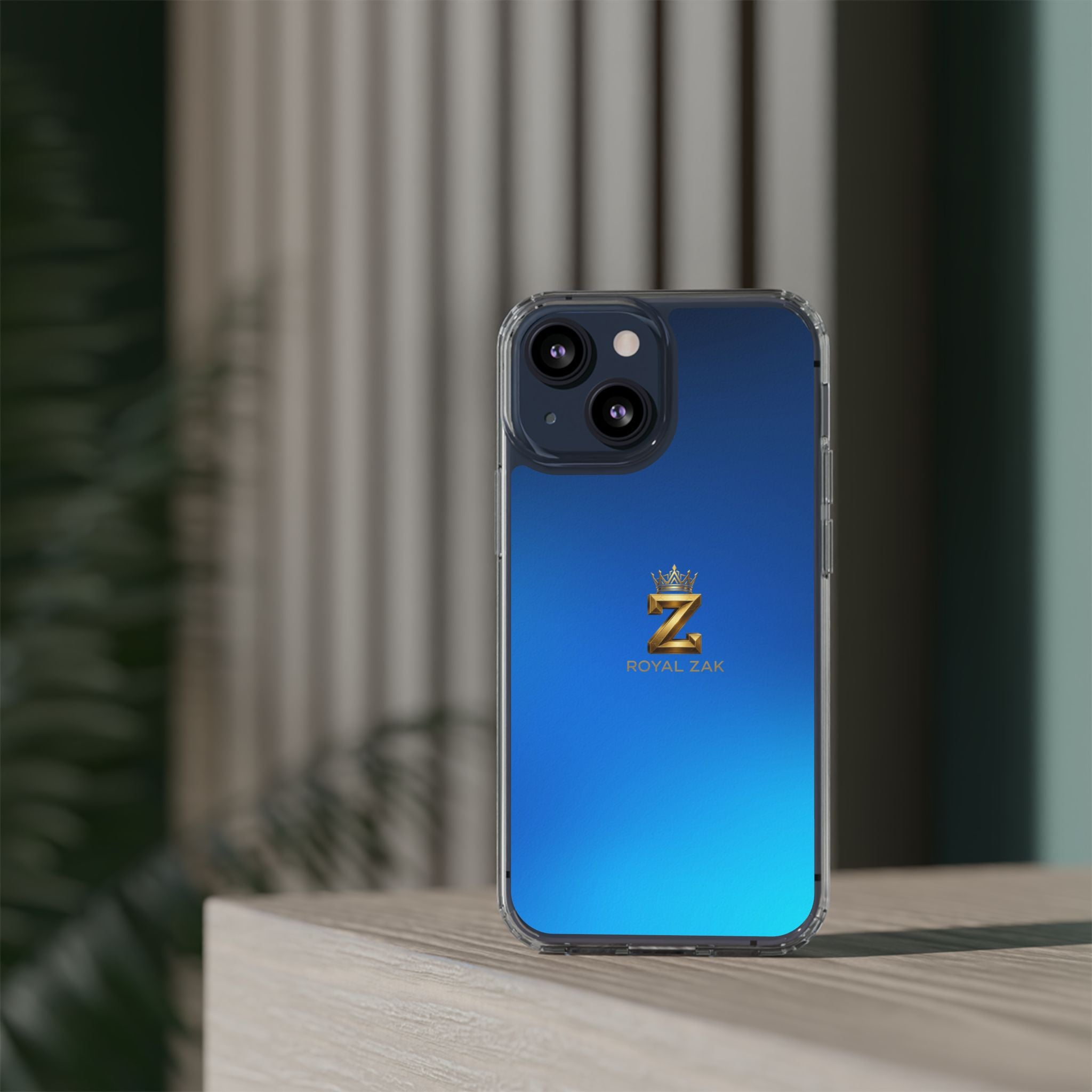 Clear Impact-Resistant Phone Case — Blue Gradient with Gold “Royal Zak” Crown Logo