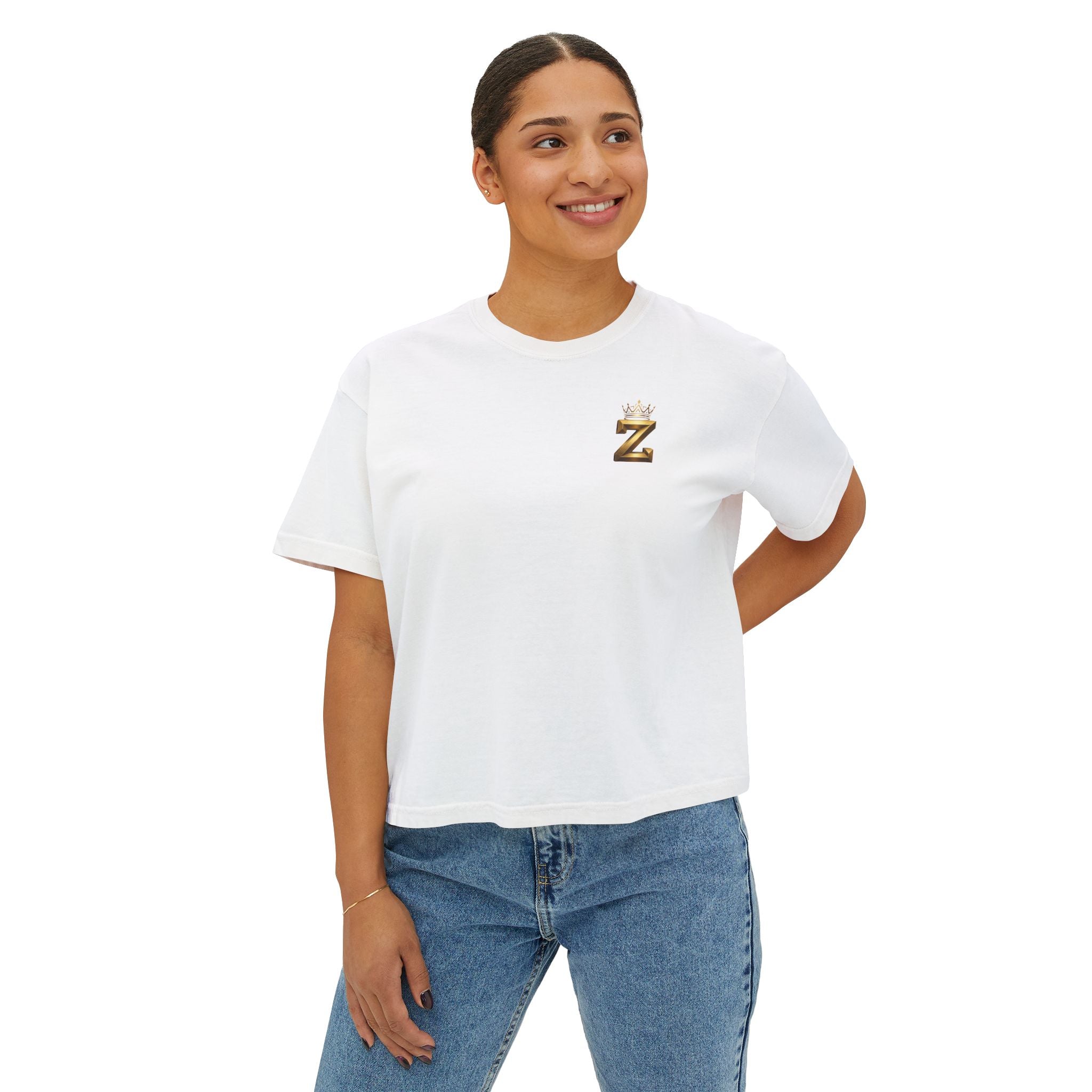 Crowned Z Women's Boxy Tee — Minimal Gold Initial Graphic