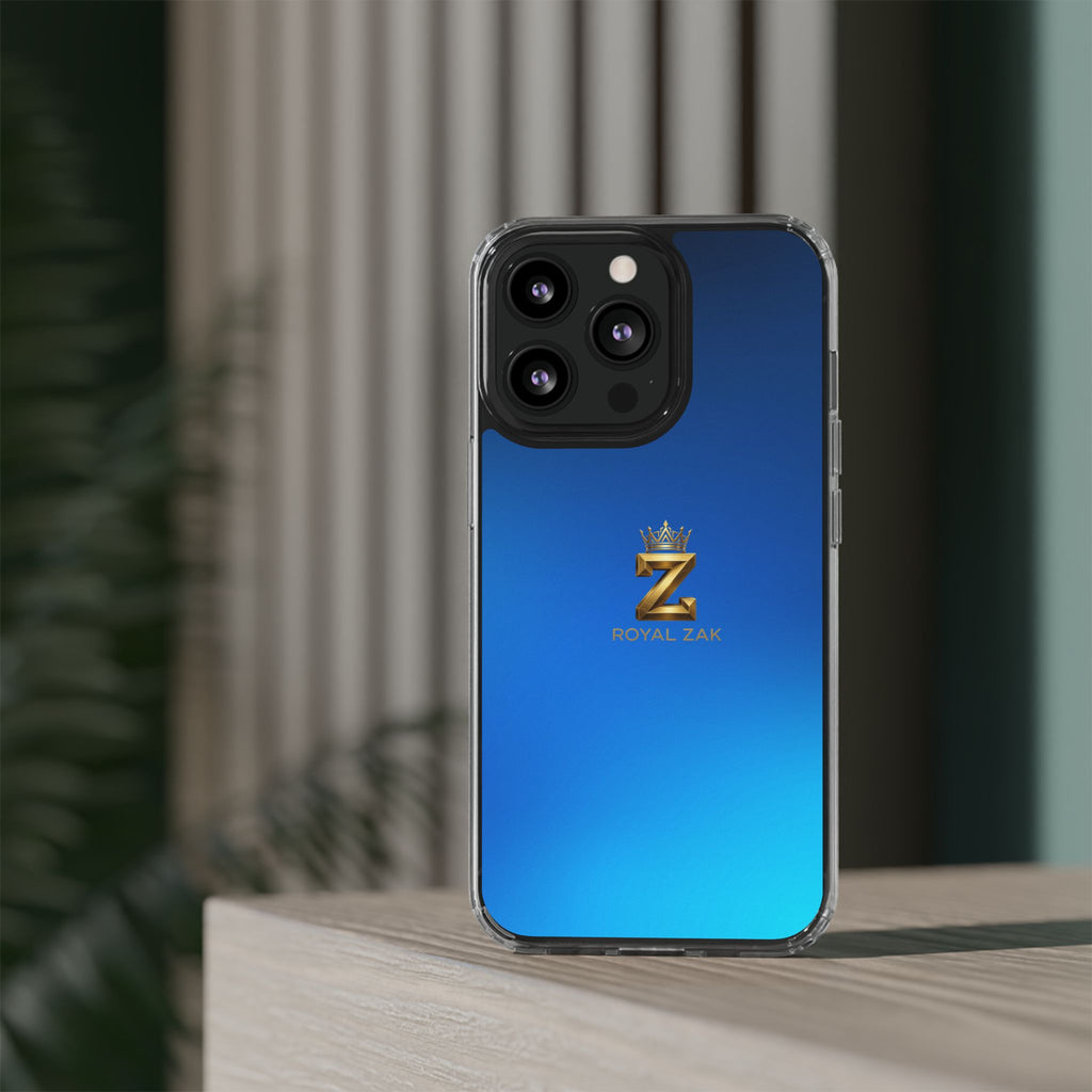 Clear Impact-Resistant Phone Case — Blue Gradient with Gold “Royal Zak” Crown Logo