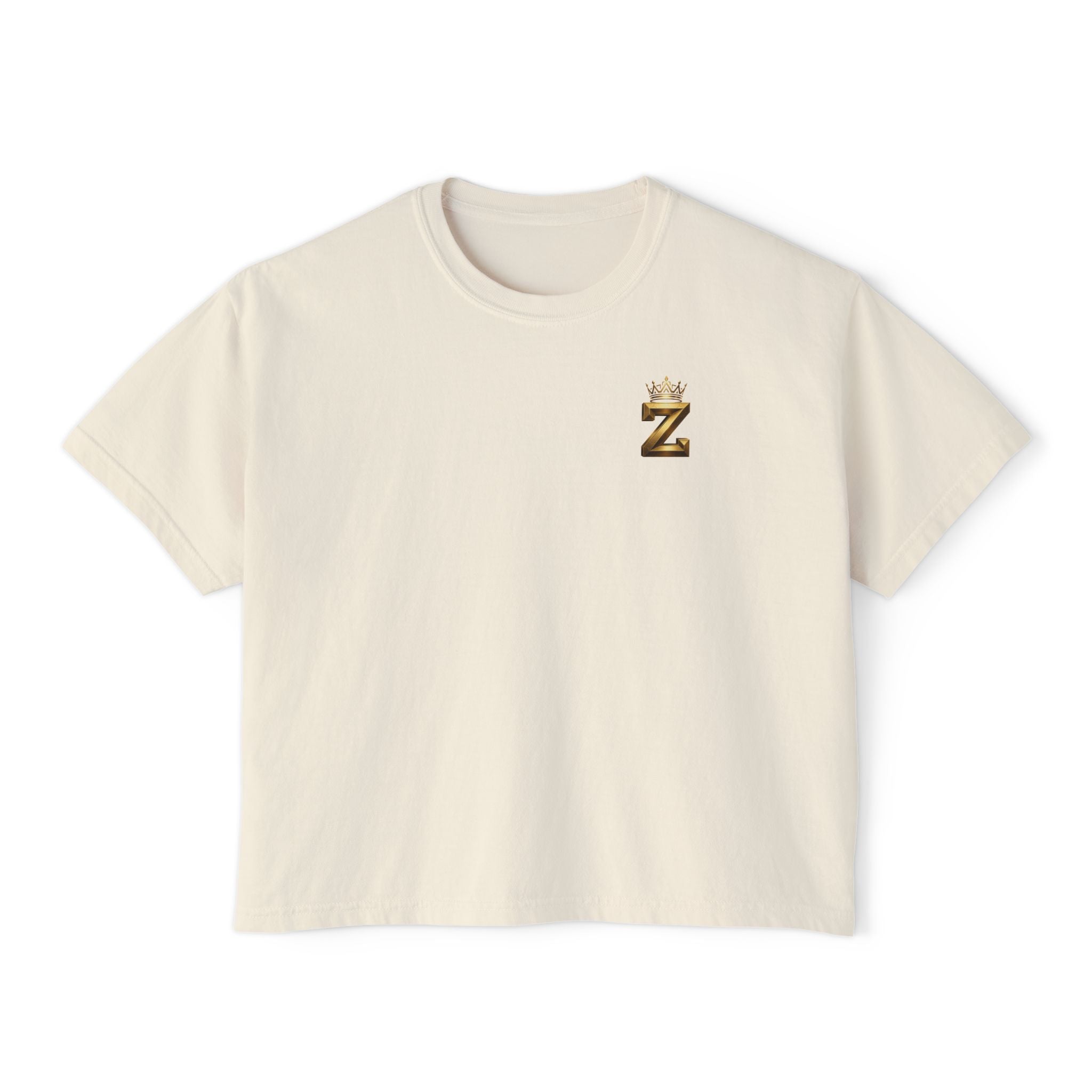 Crowned Z Women's Boxy Tee — Minimal Gold Initial Graphic