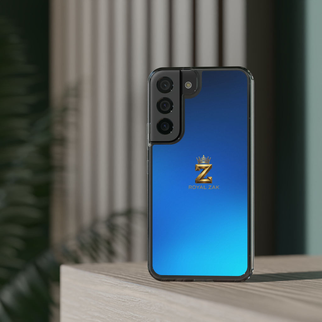 Clear Impact-Resistant Phone Case — Blue Gradient with Gold “Royal Zak” Crown Logo