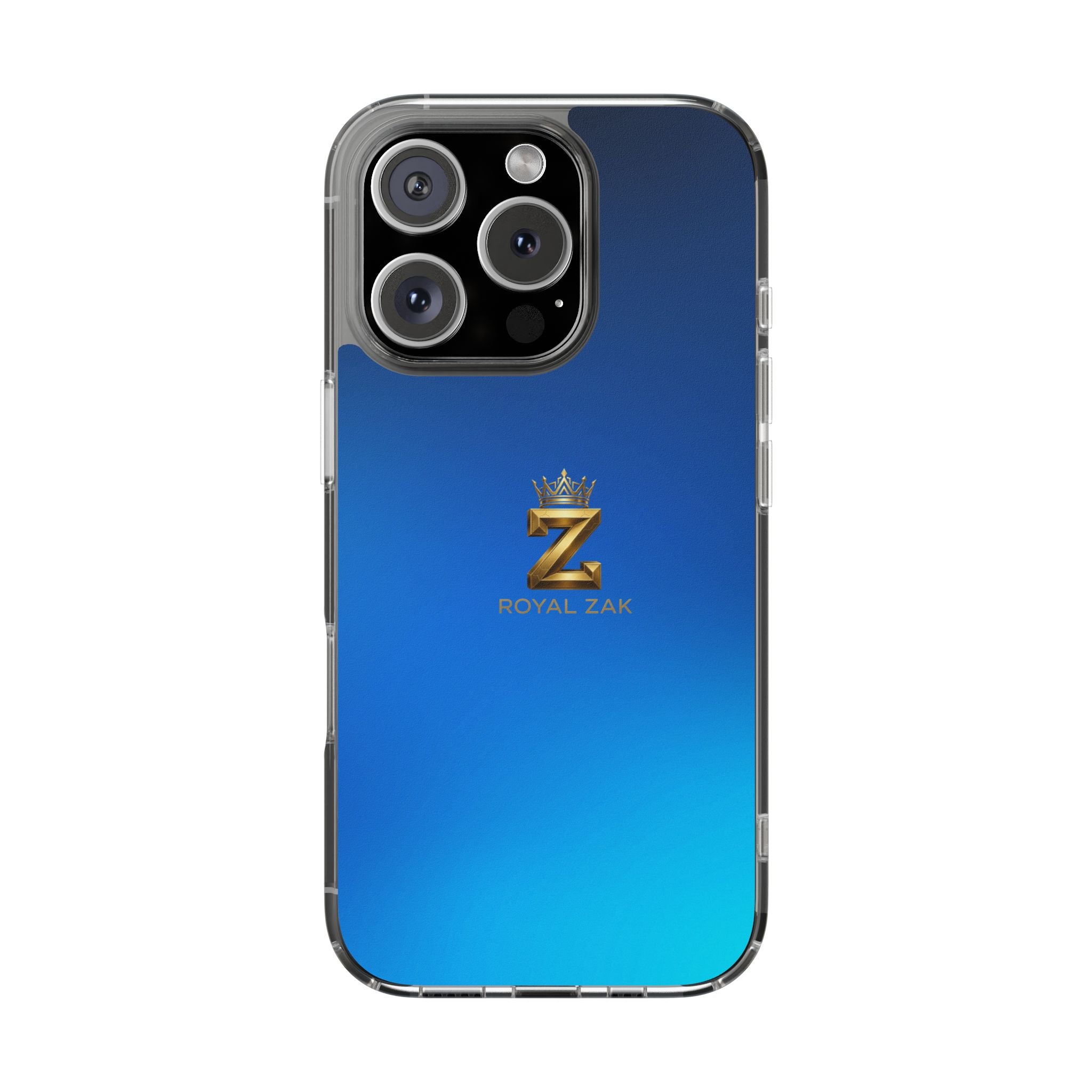 Clear Impact-Resistant Phone Case — Blue Gradient with Gold “Royal Zak” Crown Logo