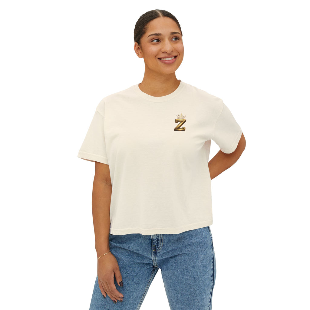 Crowned Z Women's Boxy Tee — Minimal Gold Initial Graphic
