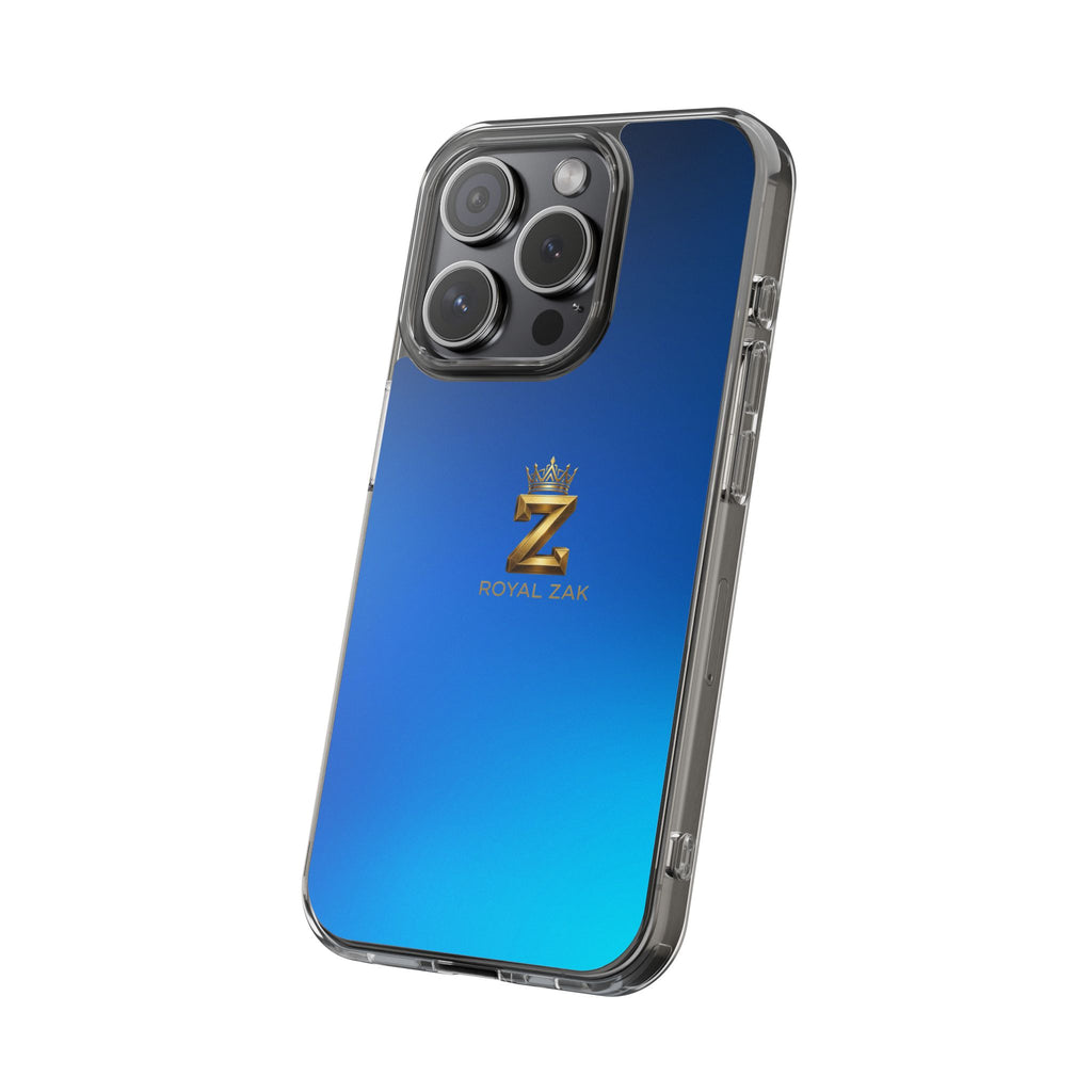 Clear Impact-Resistant Phone Case — Blue Gradient with Gold “Royal Zak” Crown Logo