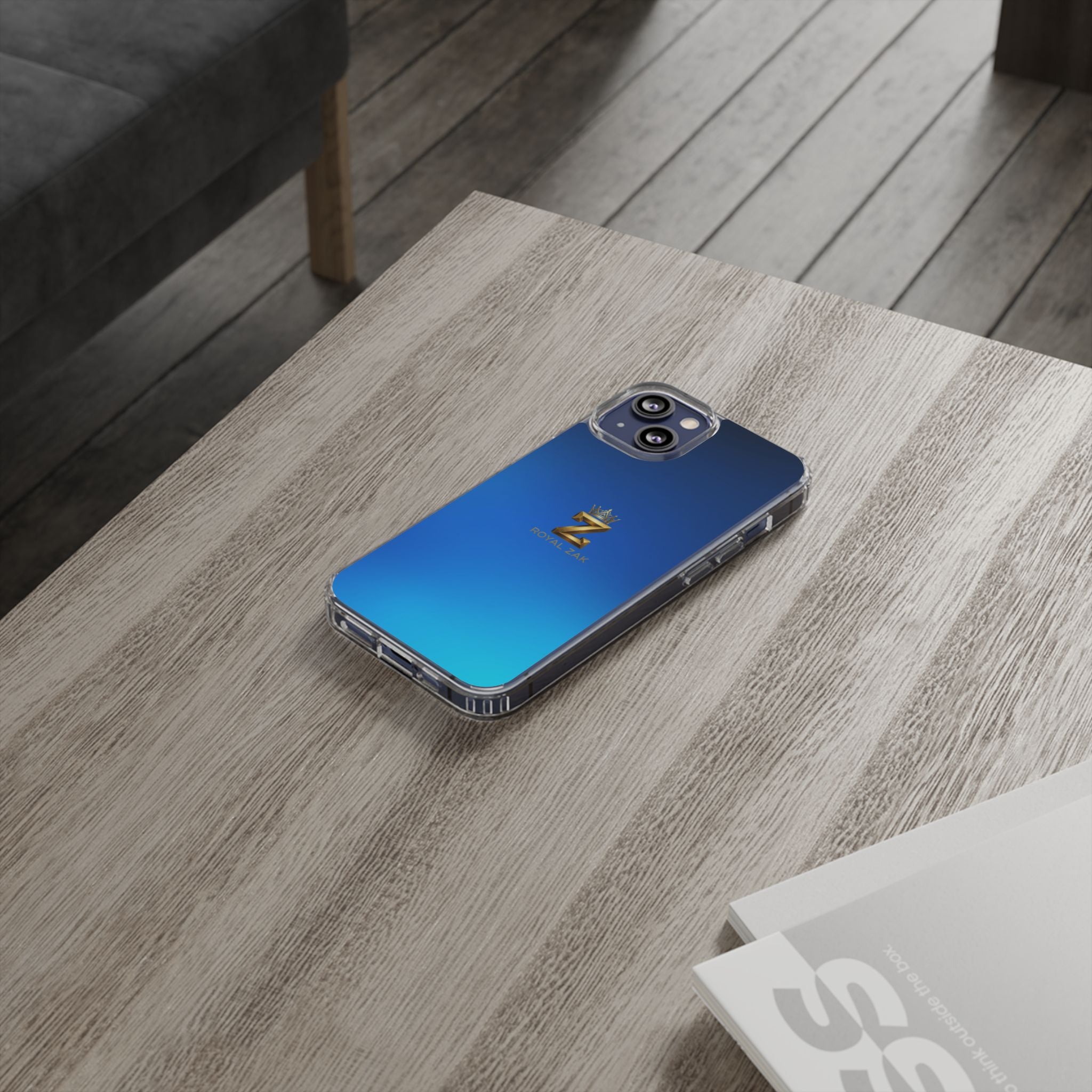 Clear Impact-Resistant Phone Case — Blue Gradient with Gold “Royal Zak” Crown Logo