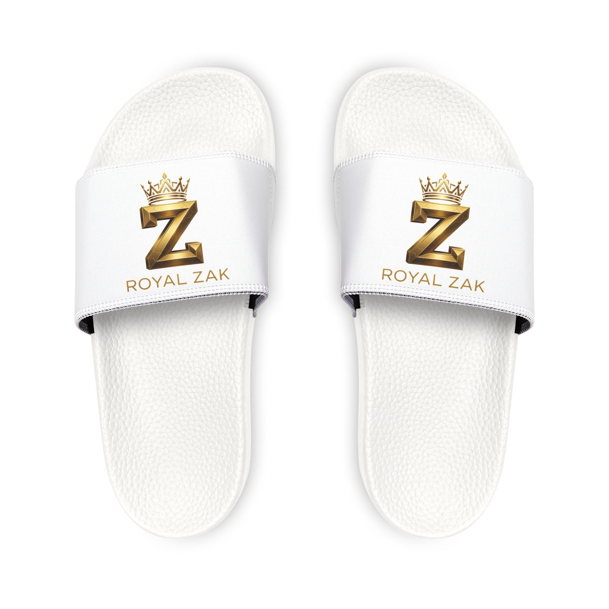 Youth Slide Sandals – White Removable-Strap Slides with Gold 'Z' Crown Logo (Royal Zak)