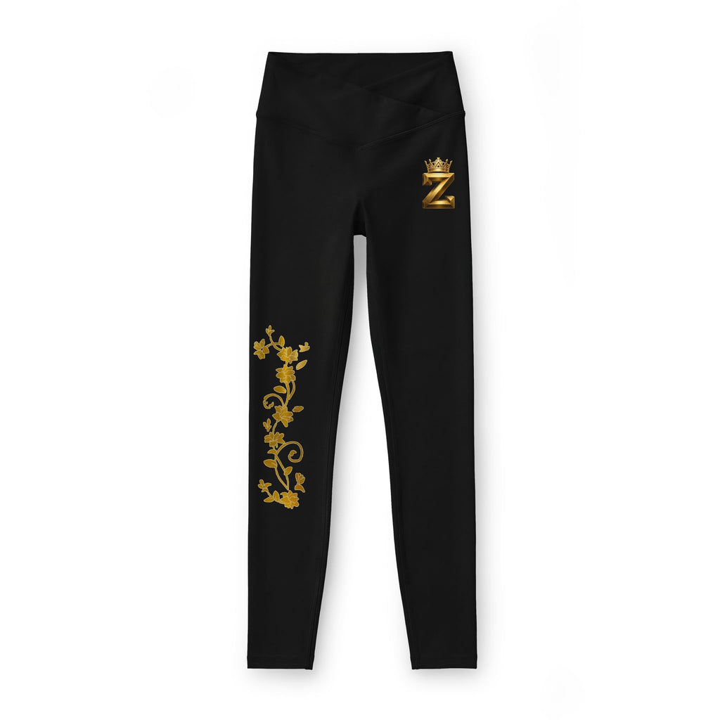 Leggings — Black Luxe High-Waist Leggings with Gold Embroidered Bee