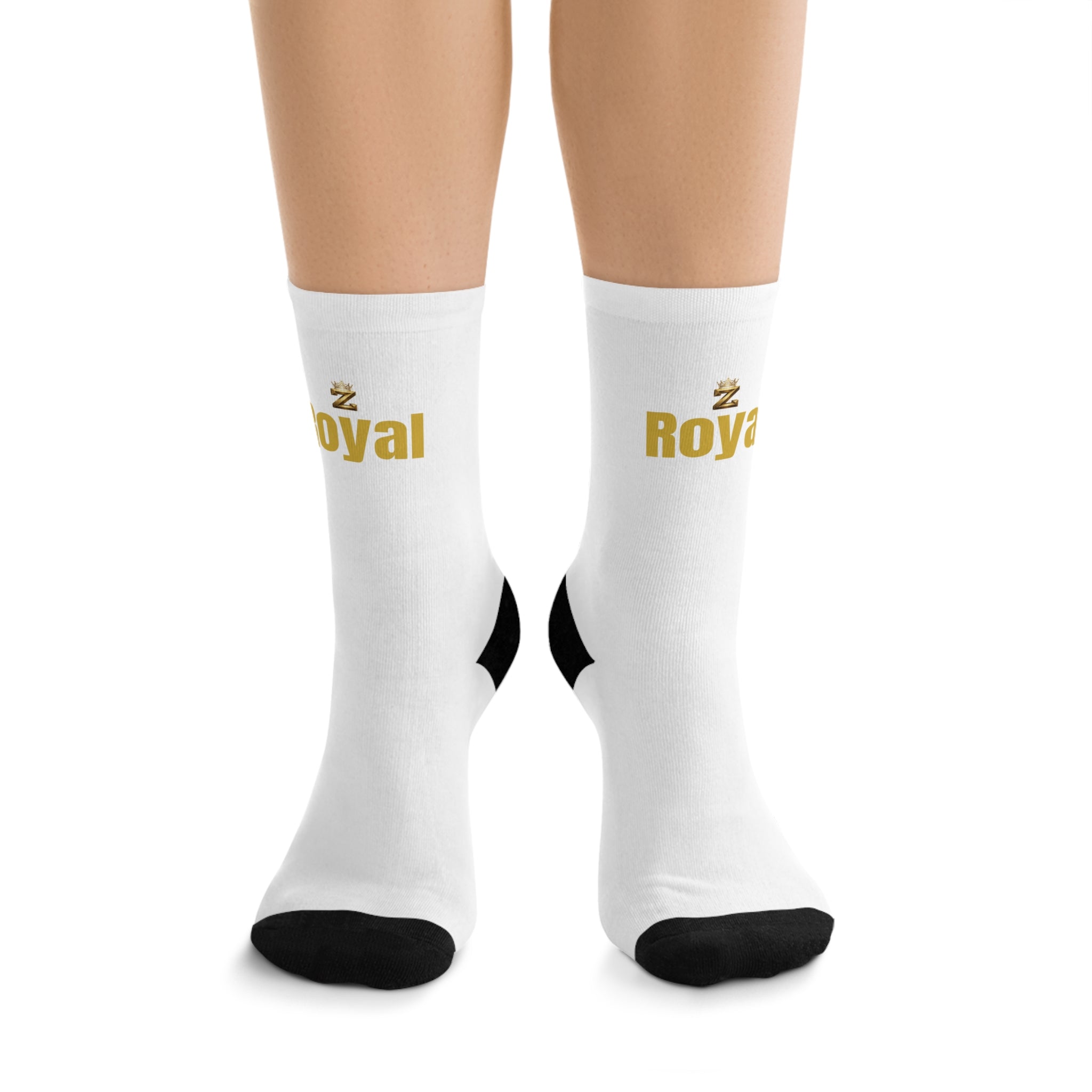Royal Logo Recycled Polyester Crew Socks - White with Gold "Royal" Text