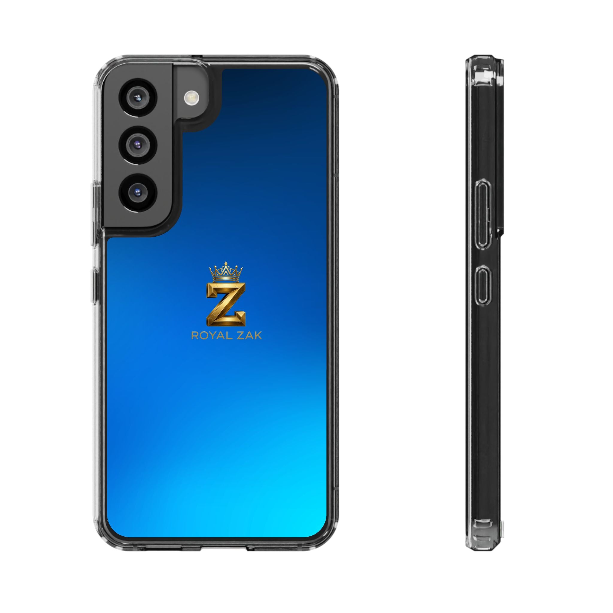 Clear Impact-Resistant Phone Case — Blue Gradient with Gold “Royal Zak” Crown Logo