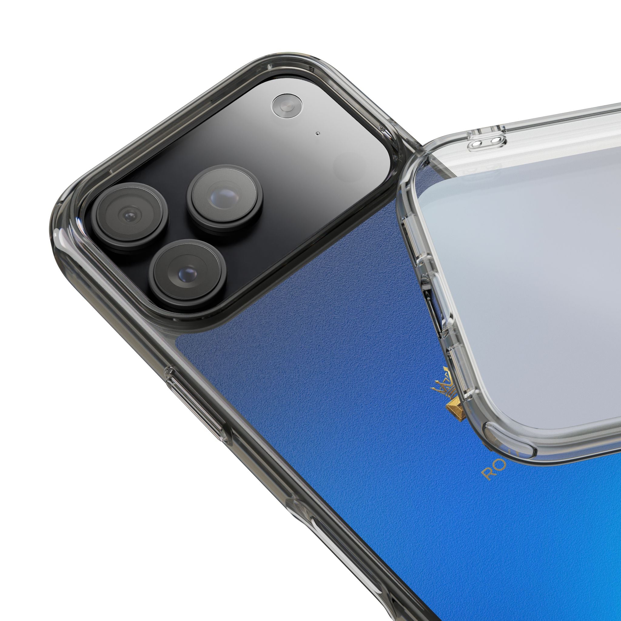 Clear Impact-Resistant Phone Case — Blue Gradient with Gold “Royal Zak” Crown Logo