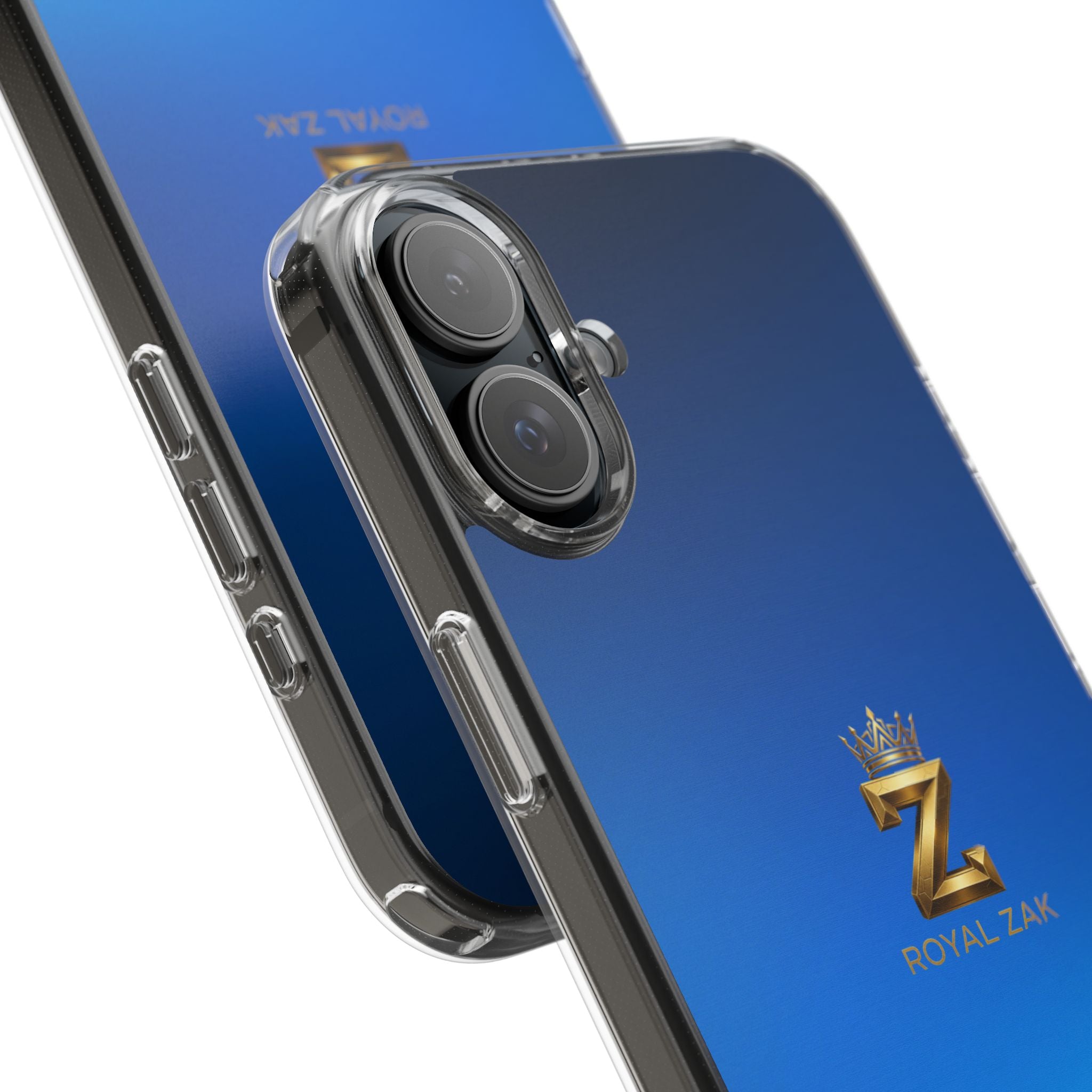 Clear Impact-Resistant Phone Case — Blue Gradient with Gold “Royal Zak” Crown Logo