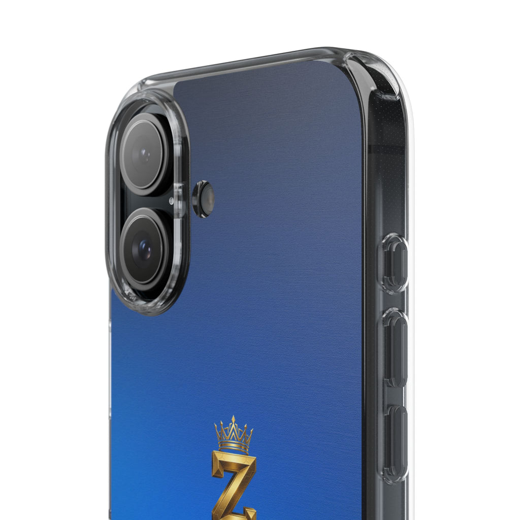 Clear Impact-Resistant Phone Case — Blue Gradient with Gold “Royal Zak” Crown Logo