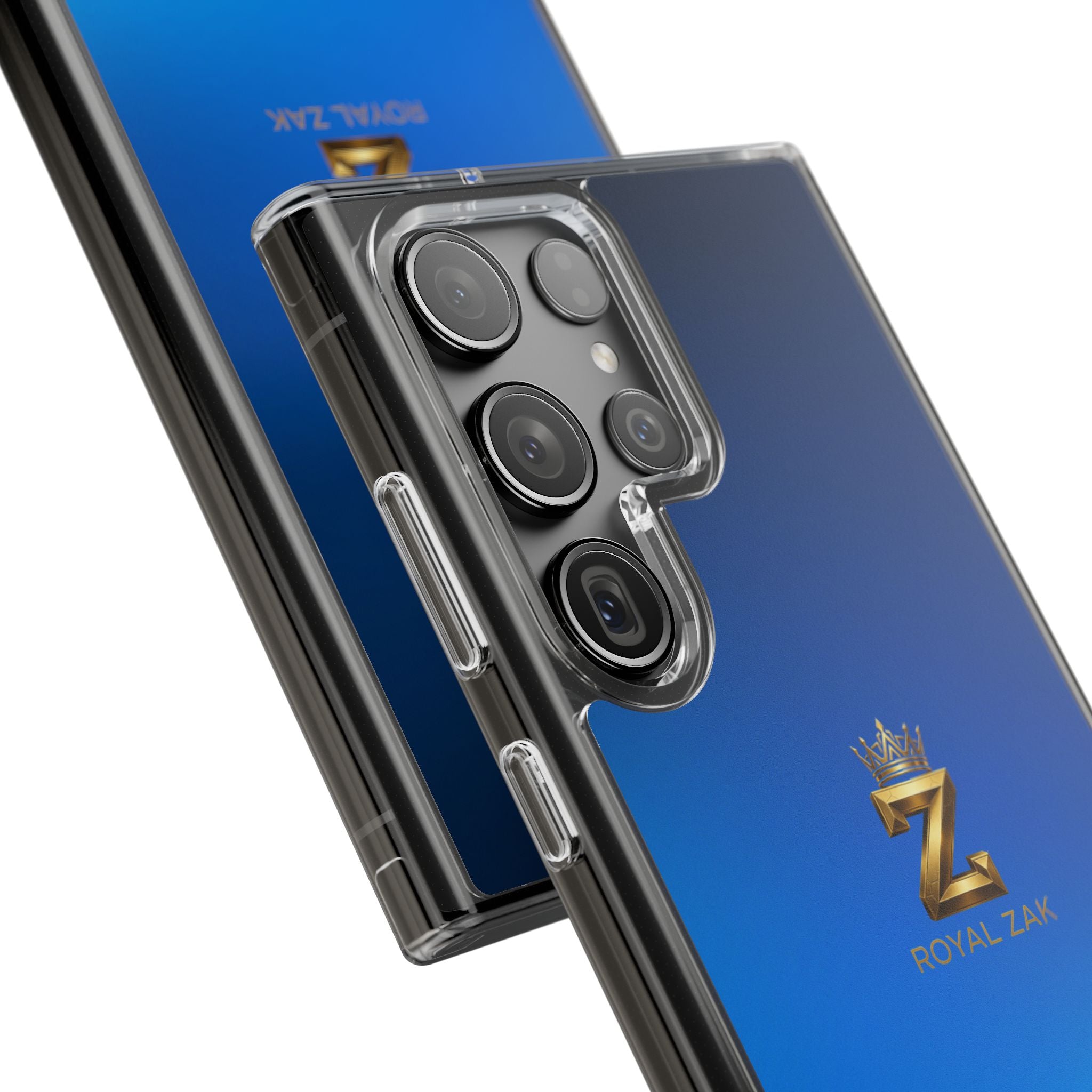 Clear Impact-Resistant Phone Case — Blue Gradient with Gold “Royal Zak” Crown Logo