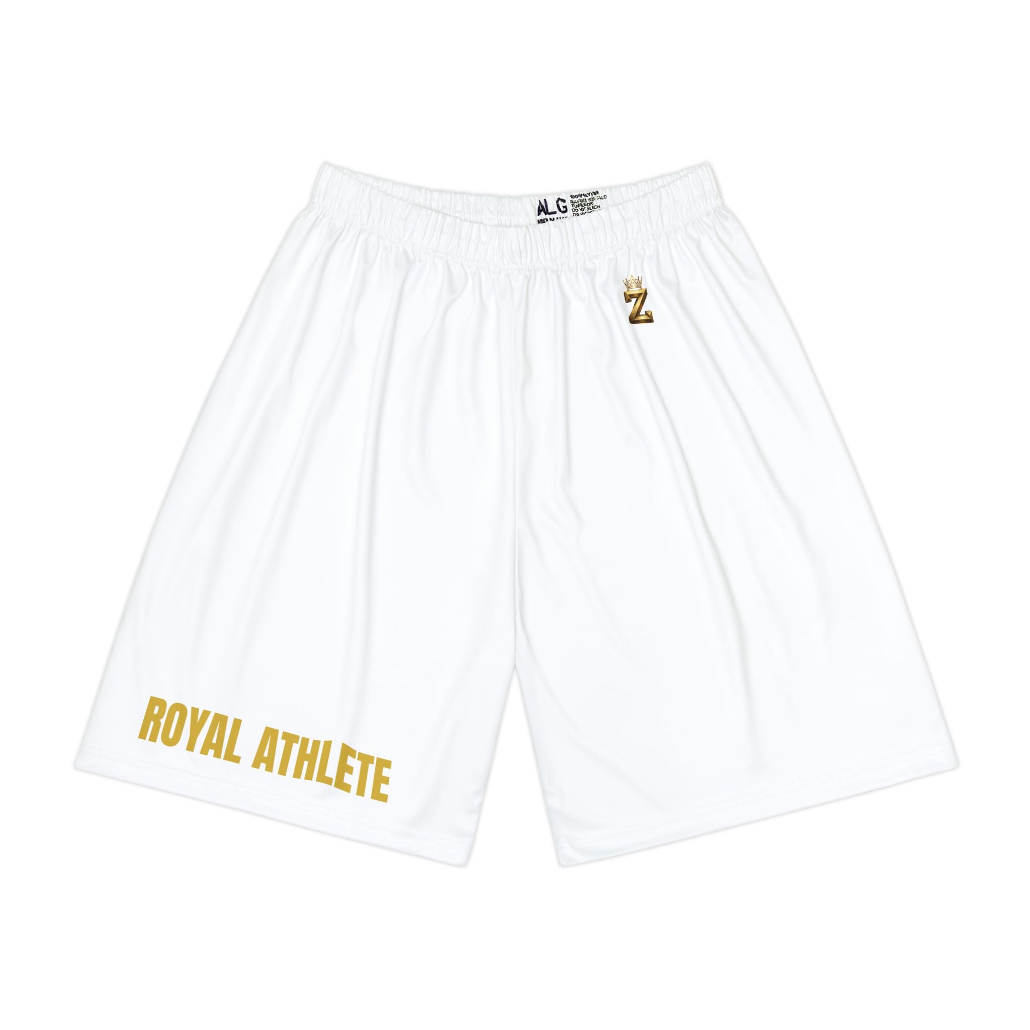 Royal Athlete Men’s Sports Shorts – White Athletic Basketball Shorts with ‘ROYAL ATHLETE’ Gold Print