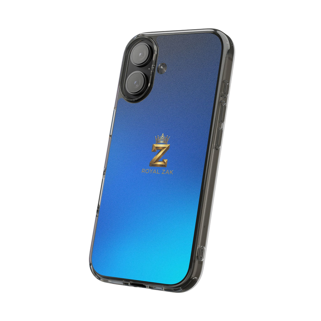 Clear Impact-Resistant Phone Case — Blue Gradient with Gold “Royal Zak” Crown Logo